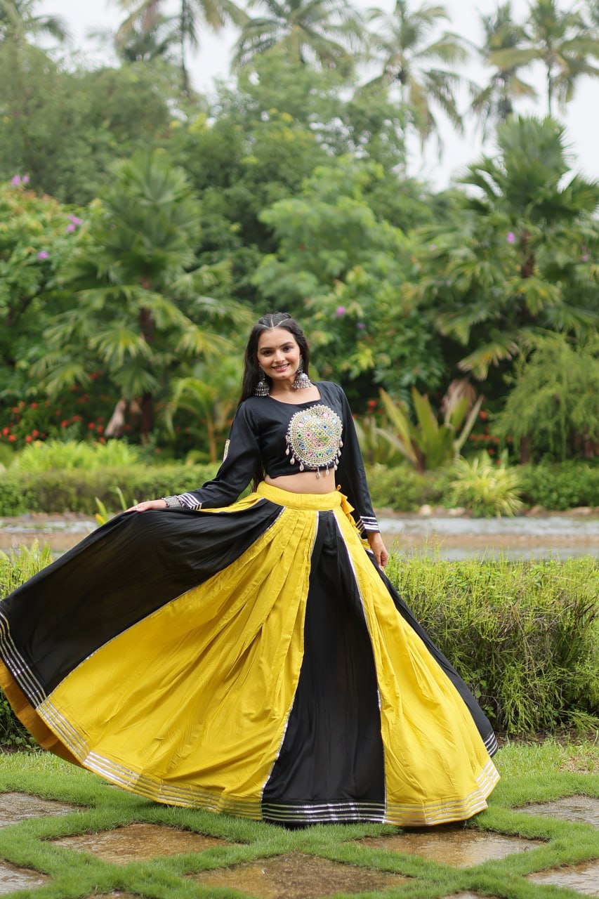 ClothsVilla Black & Yellow Designer Readymade Rayon Lehenga Choli Set