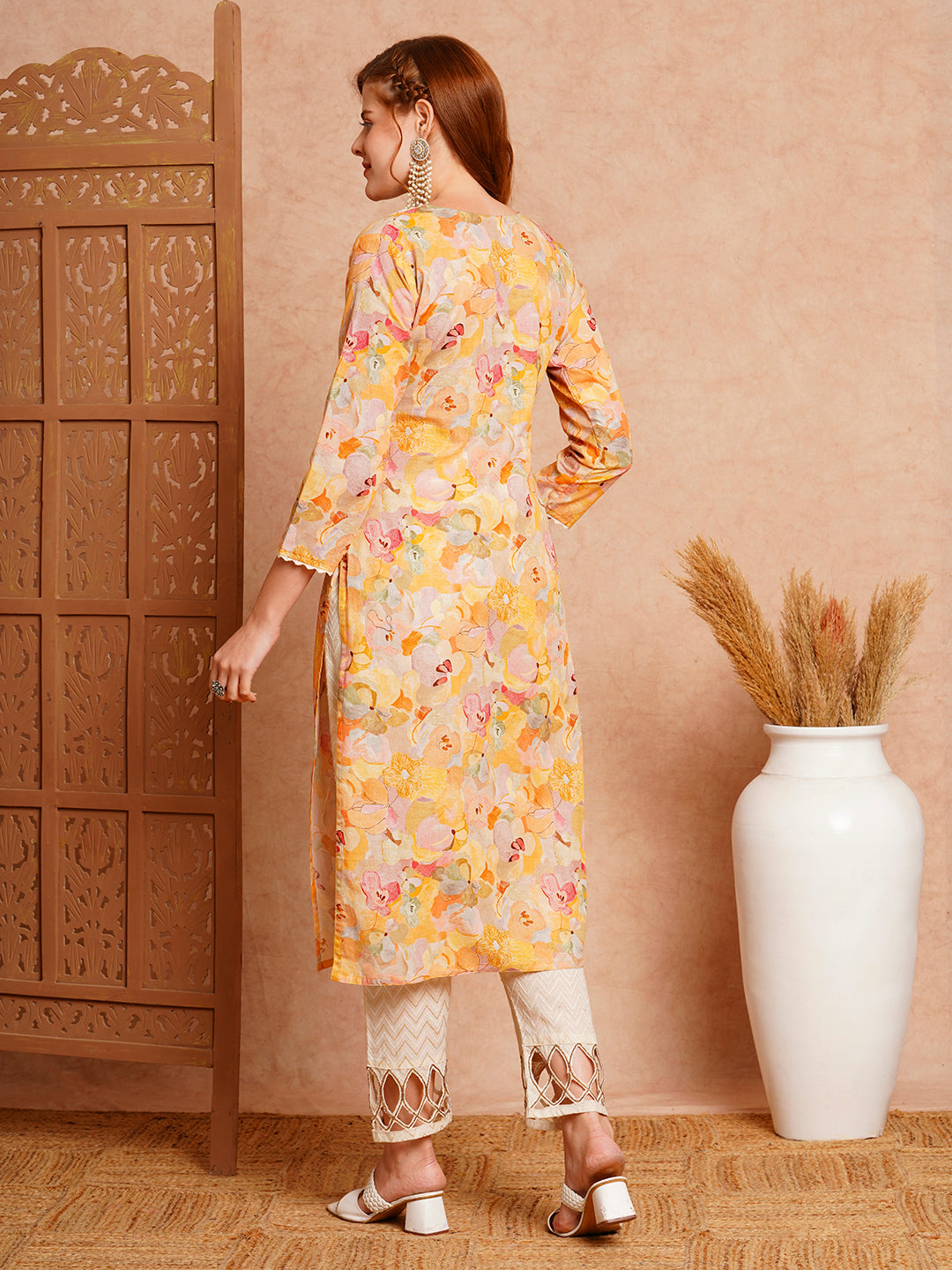 FASHOR Abstract Floral Printed & Embroidered Straight Fit Kurta - Yellow - view 6