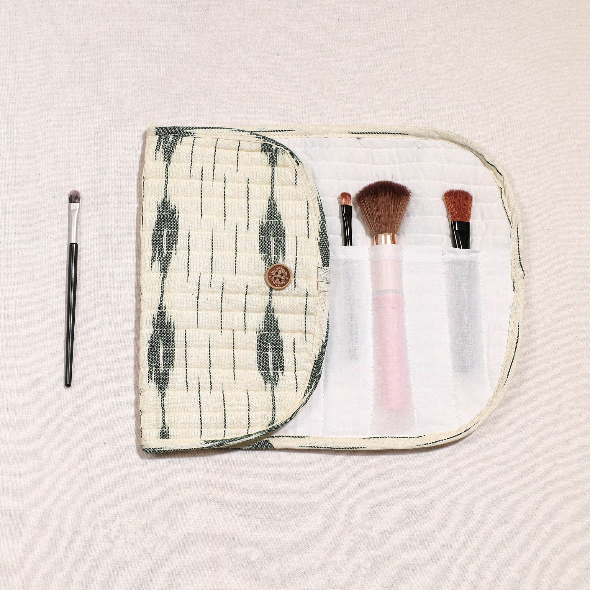NOORI BAZAR Beige - Ikat Fabric Multipurpose Segmented Make-up Brush Wrap Pouch/Case