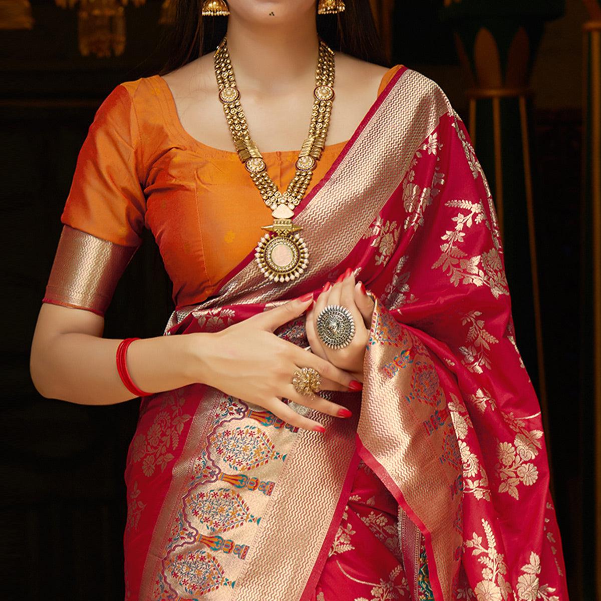 Peachmode Hypnotic Red Colored Festive Wear Woven Silk Saree - view 2