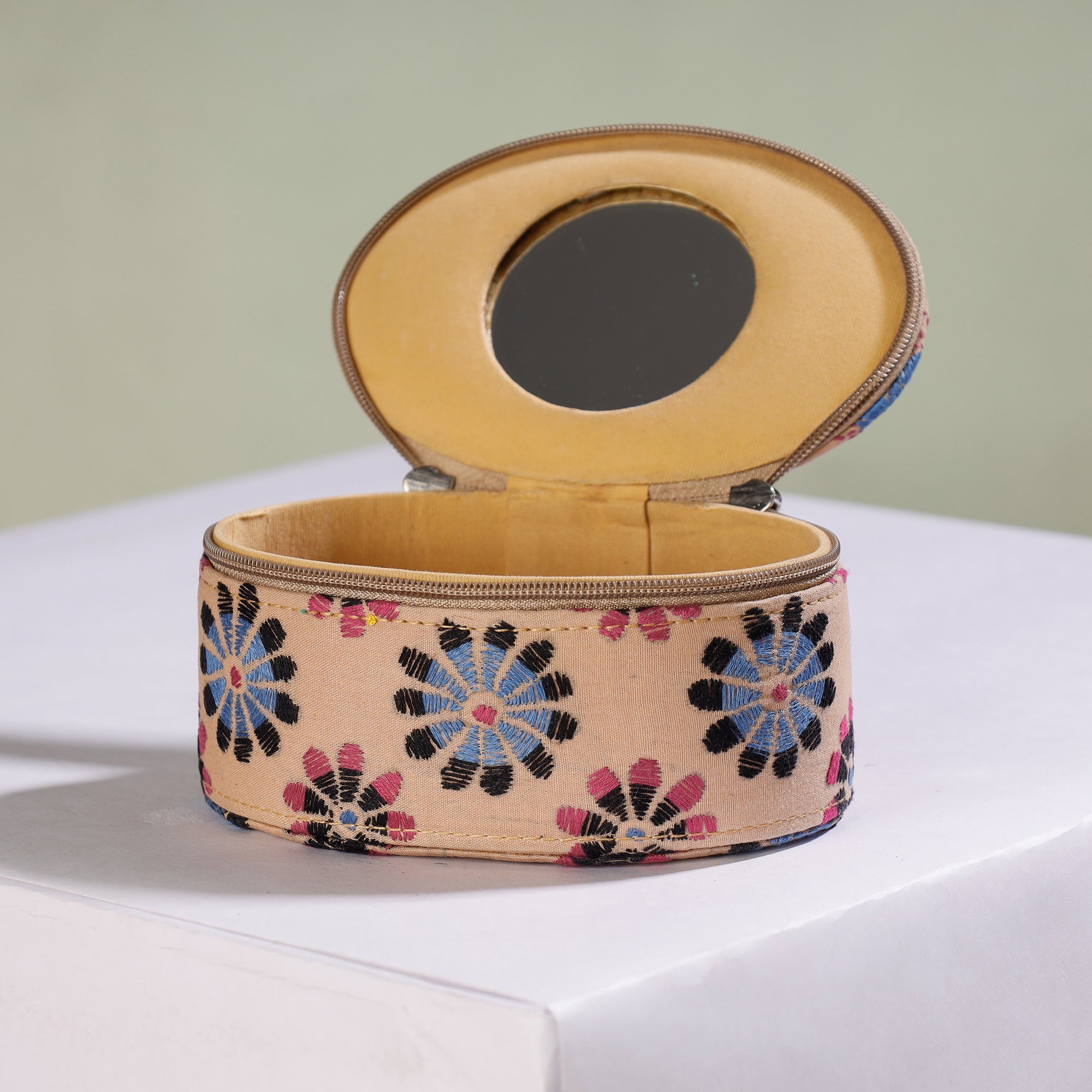 ASALKAAR Beige - Bengal Kantha Work Handcrafted Oval Jewelry Box with Mirror - view 2