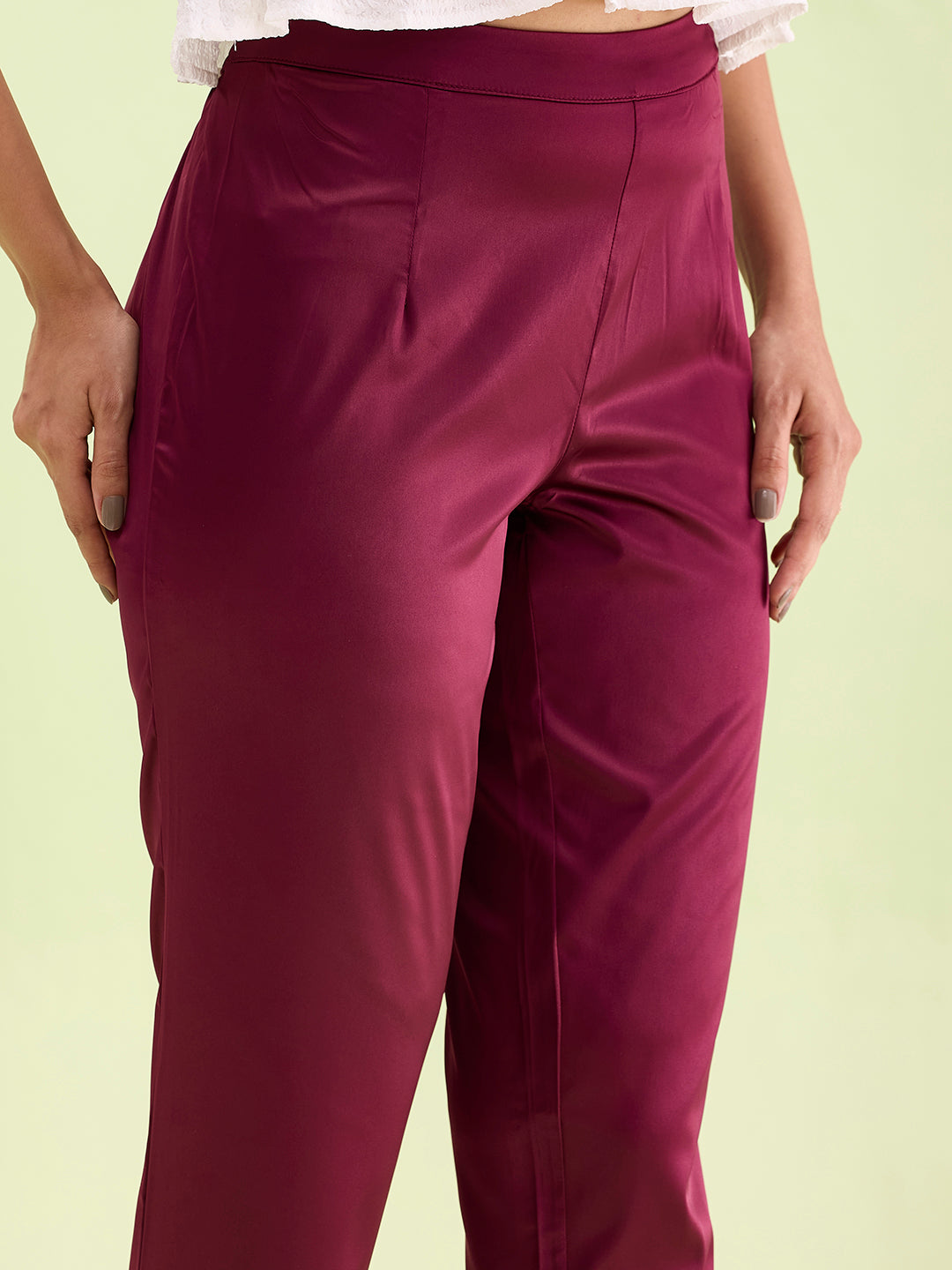 Go Colors Women Solid Mid Rise Dark Wine Shiny Pants - view 2