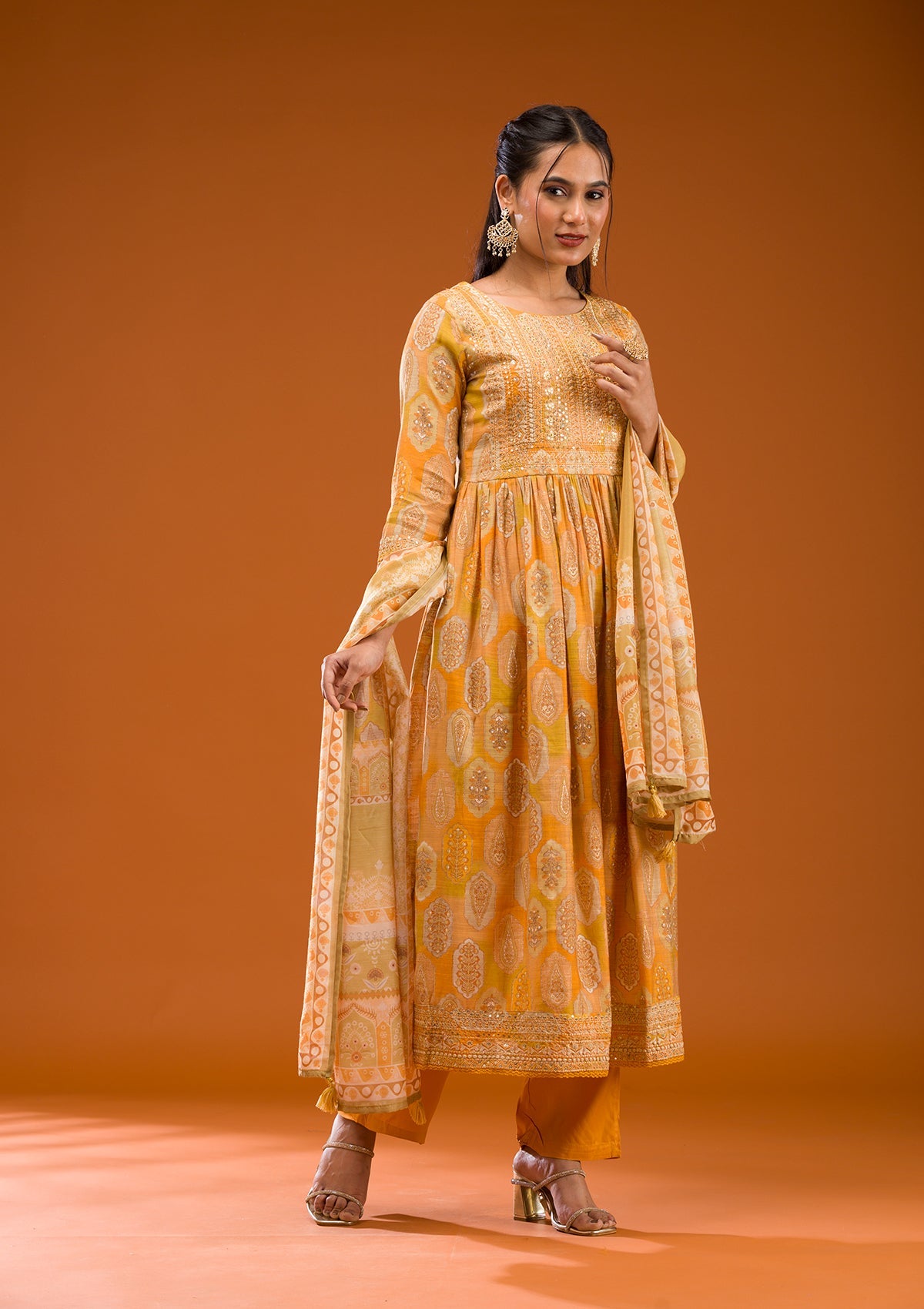 Koskii Mustard Printed Semi Crepe Readymade Salwar Suit