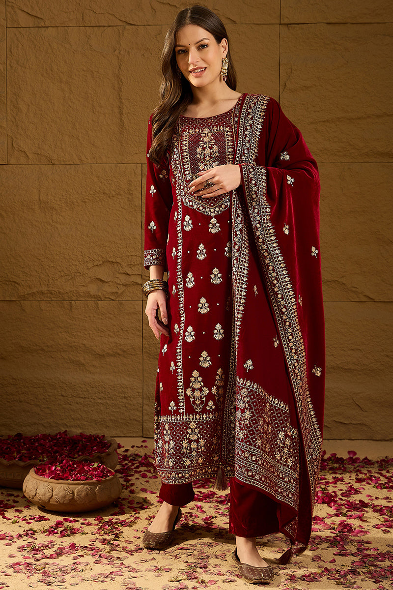 Ahika Maroon Velvet Ethnic Motifs Printed Straight Trousers Suit Set PKSKD2881
