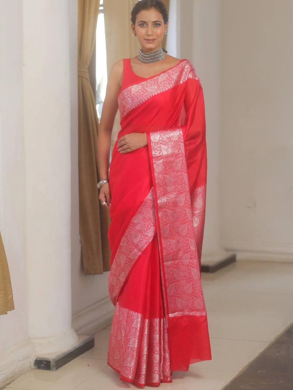 Aayna Verdant Red Soft Silk Saree With Mellifluous Blouse Piece - view 4