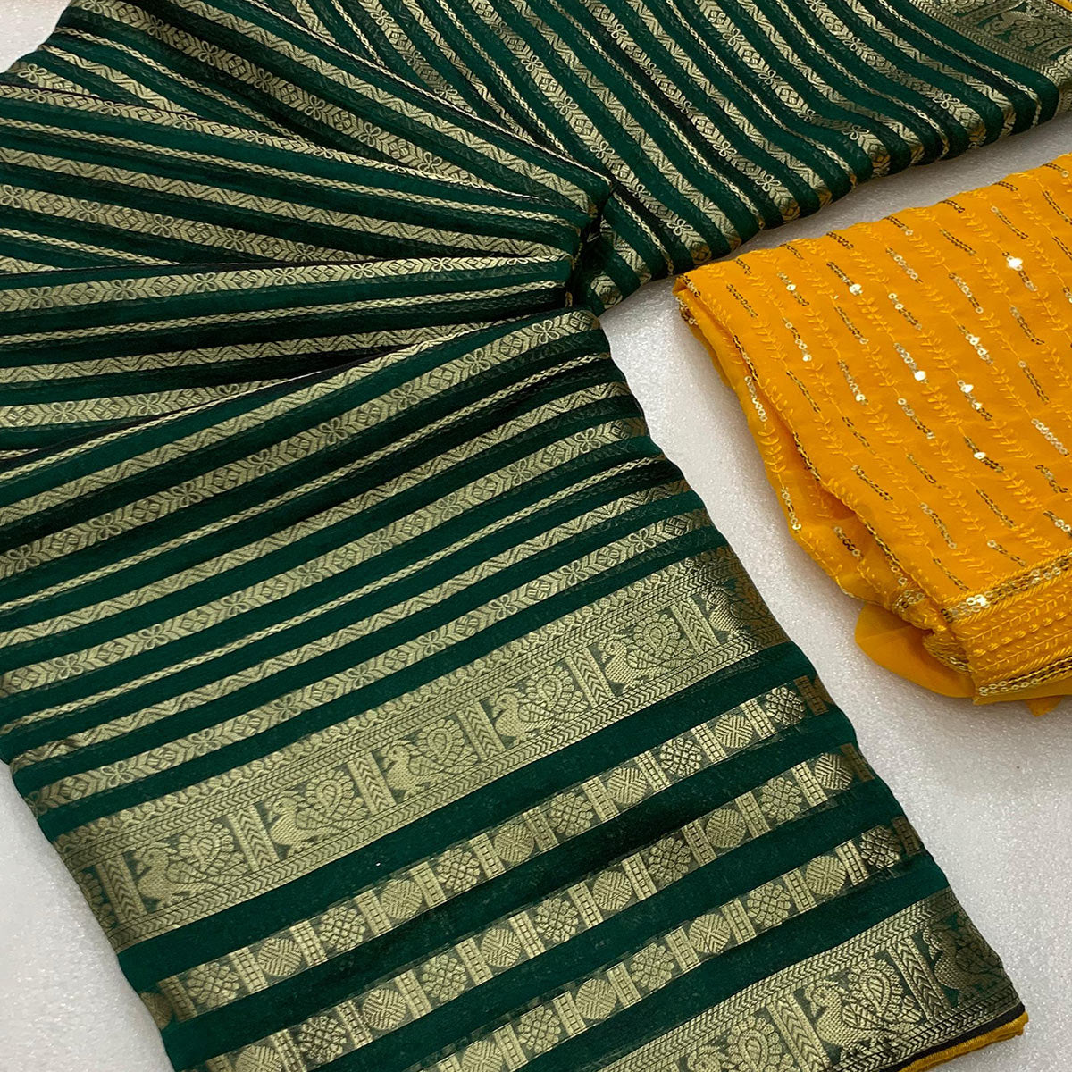 Peachmode Dark Green Zari Work Woven Organza Saree - view 2
