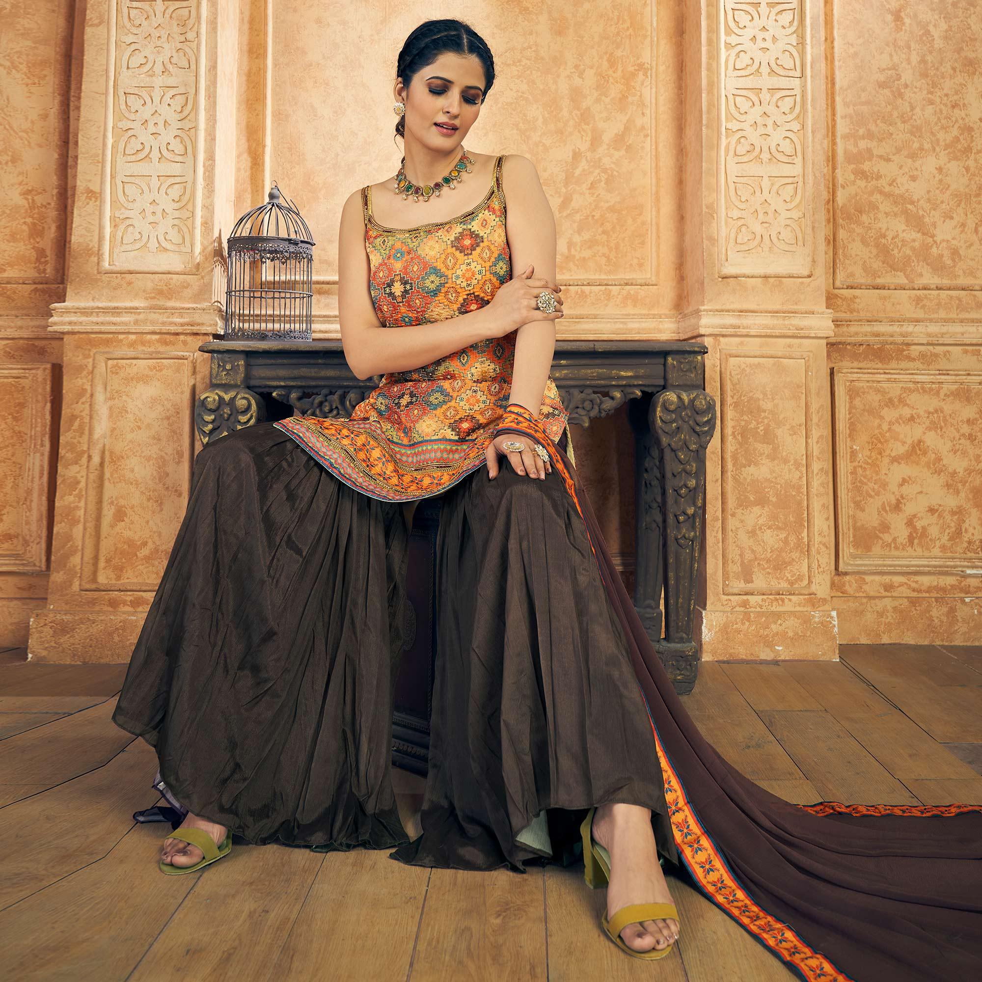 Peachmode Multicolor Embroidered Chiffon Sharara Suit - view 4