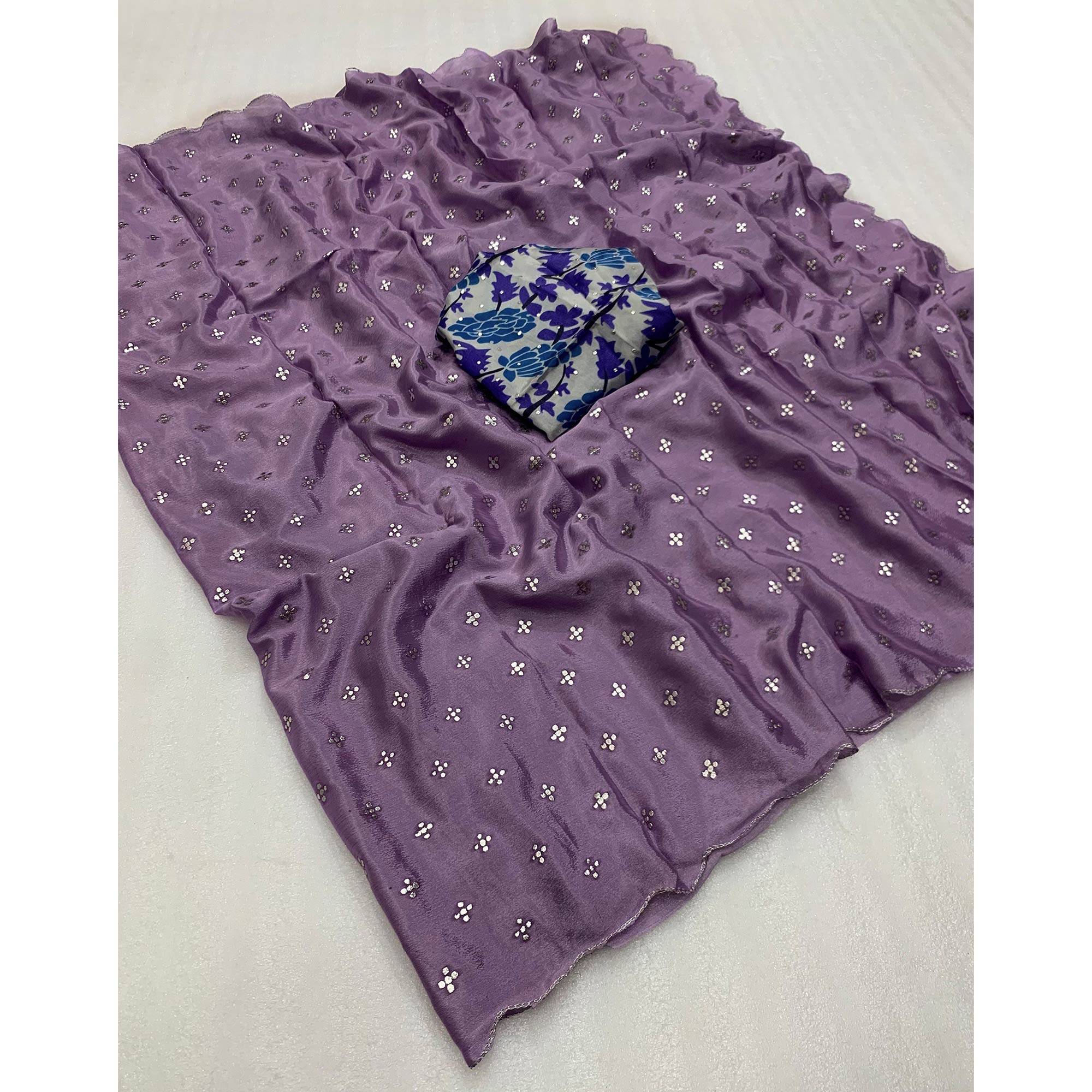 Peachmode Lavender Mukaish Work Chinon Sareee - view 3