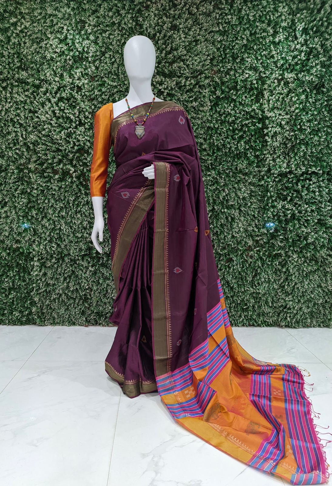 IndianVillèz Burgundy With Light Orange Handwoven Bishnupuri Silk Saree
