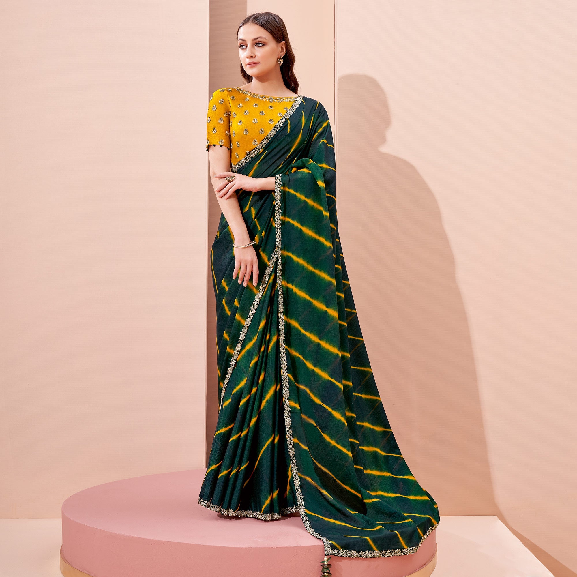 Peachmode Bottle Green Printed With Embroidered Georgette Saree - view 2