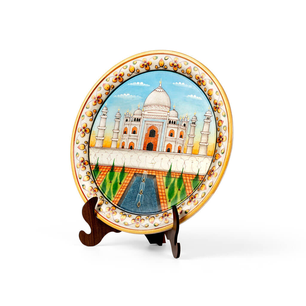Indian Craft Hand Painted Taj Mahal Decorative Plate With Stand - view 6