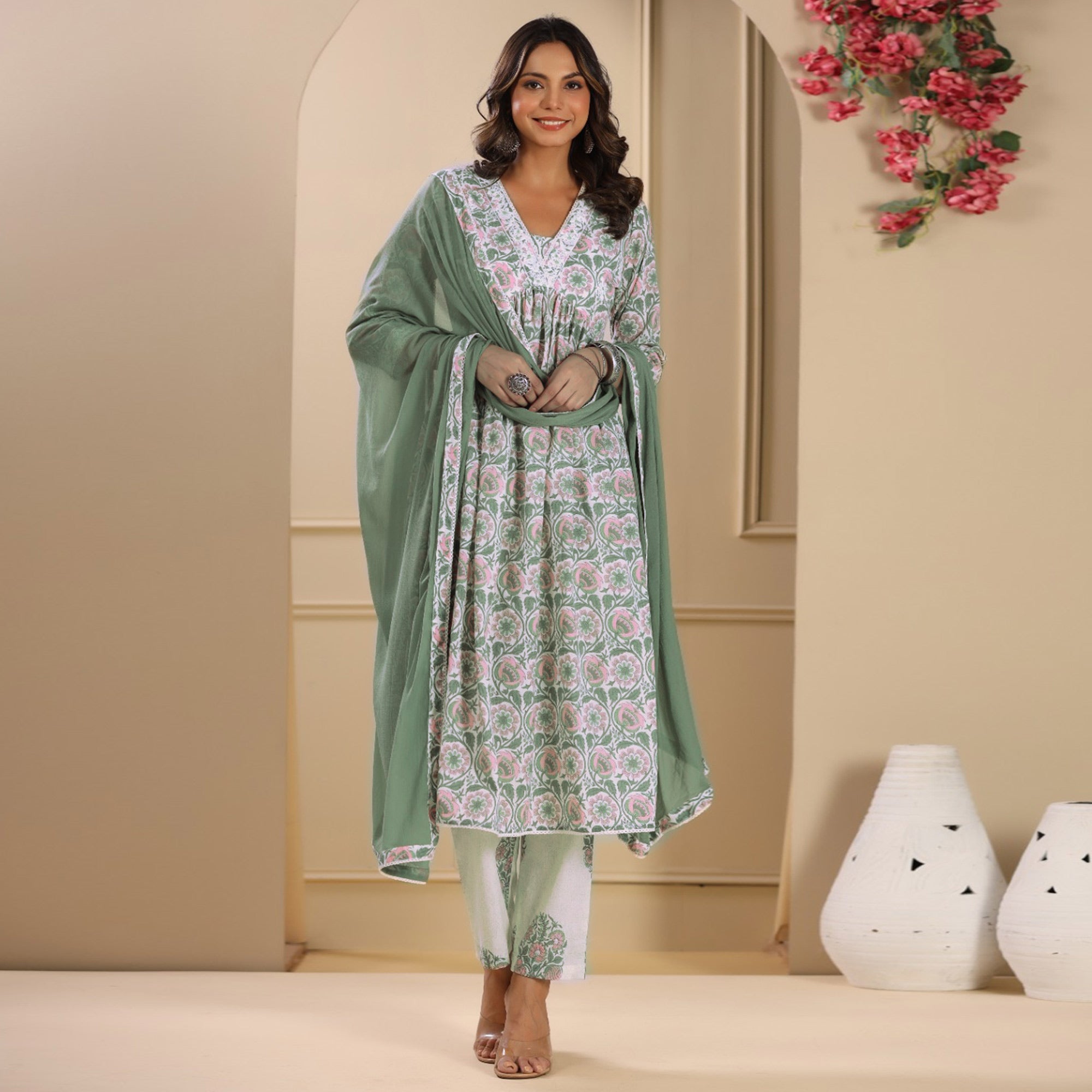BlackTree green-floral-printed-pure-cotton-naira-cut-suit - view 2
