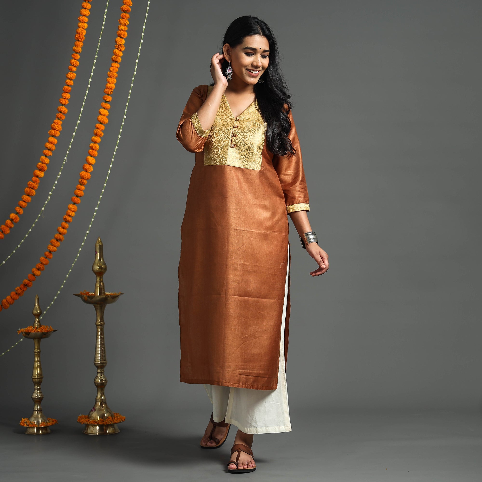 ITOKRI CASUALS Brown - Plain Tussar Silk Handloom Banarasi Patchwork Straight Kurta - view 2