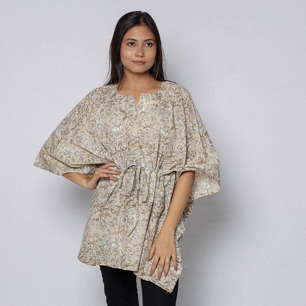 ITOKRI CASUALS Beige - Sanganeri Block Printed Cotton Kaftan with Tie-Up Waist (Short)