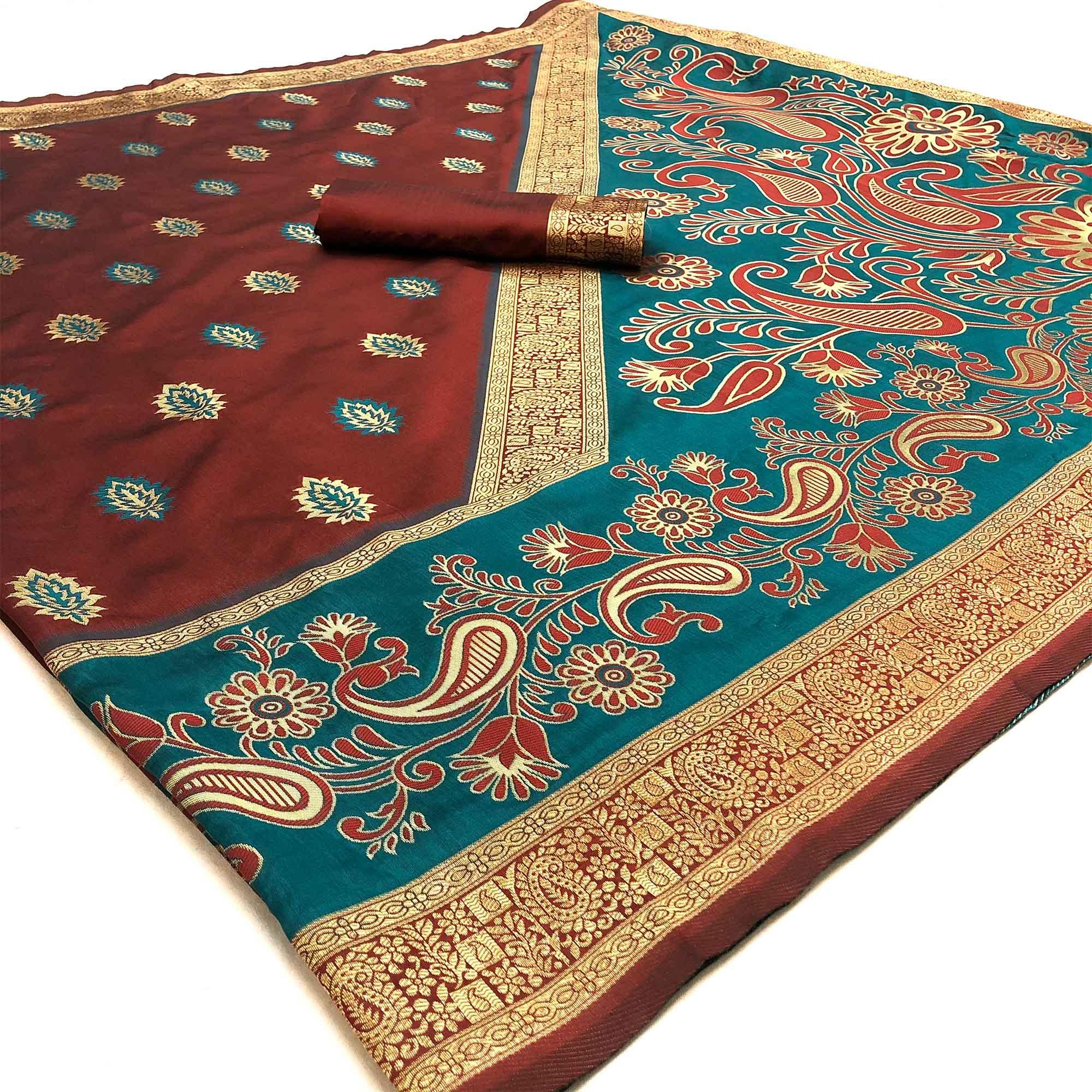 Peachmode Lovely Maroon Coloured Party Wear Meenakri Multi Thread Weaving Heavy Banarasi Saree