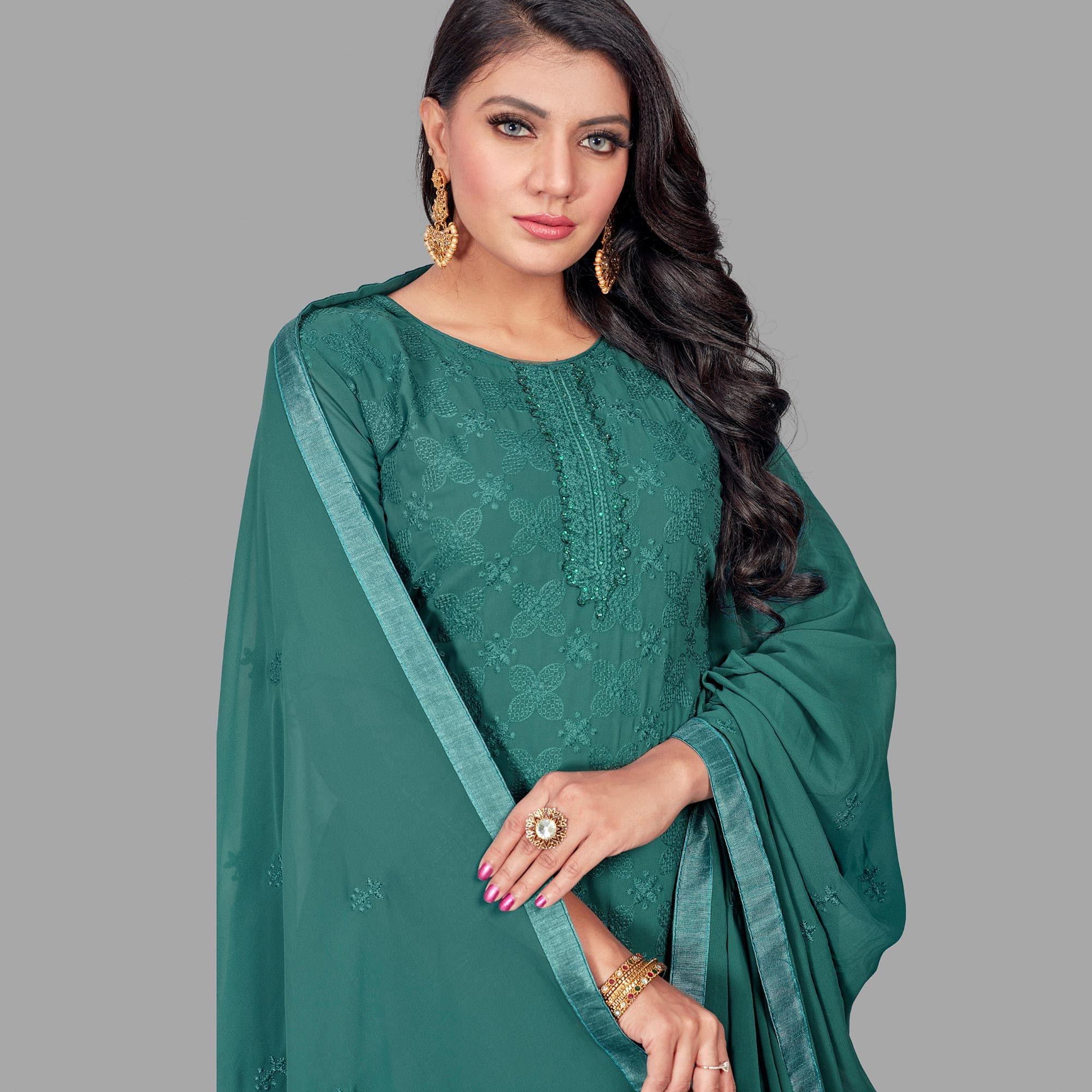 Peachmode Seller Flamboyant Dark Green Colored Partywear Embroidered Heavy Faux Georgette Palazzo Suit - view 2
