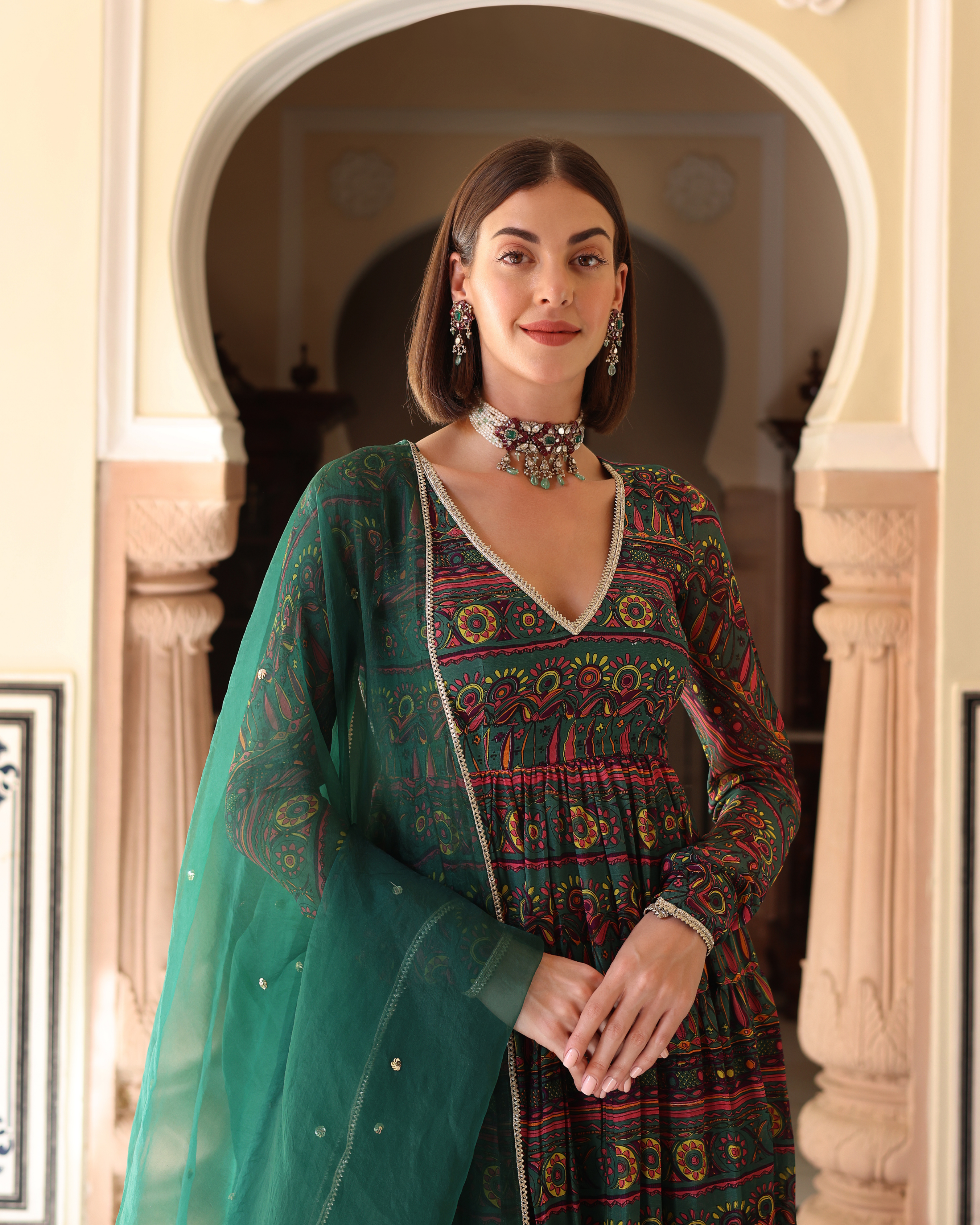 Aachho Dune Green Printed Chinon Suit Set - view 2