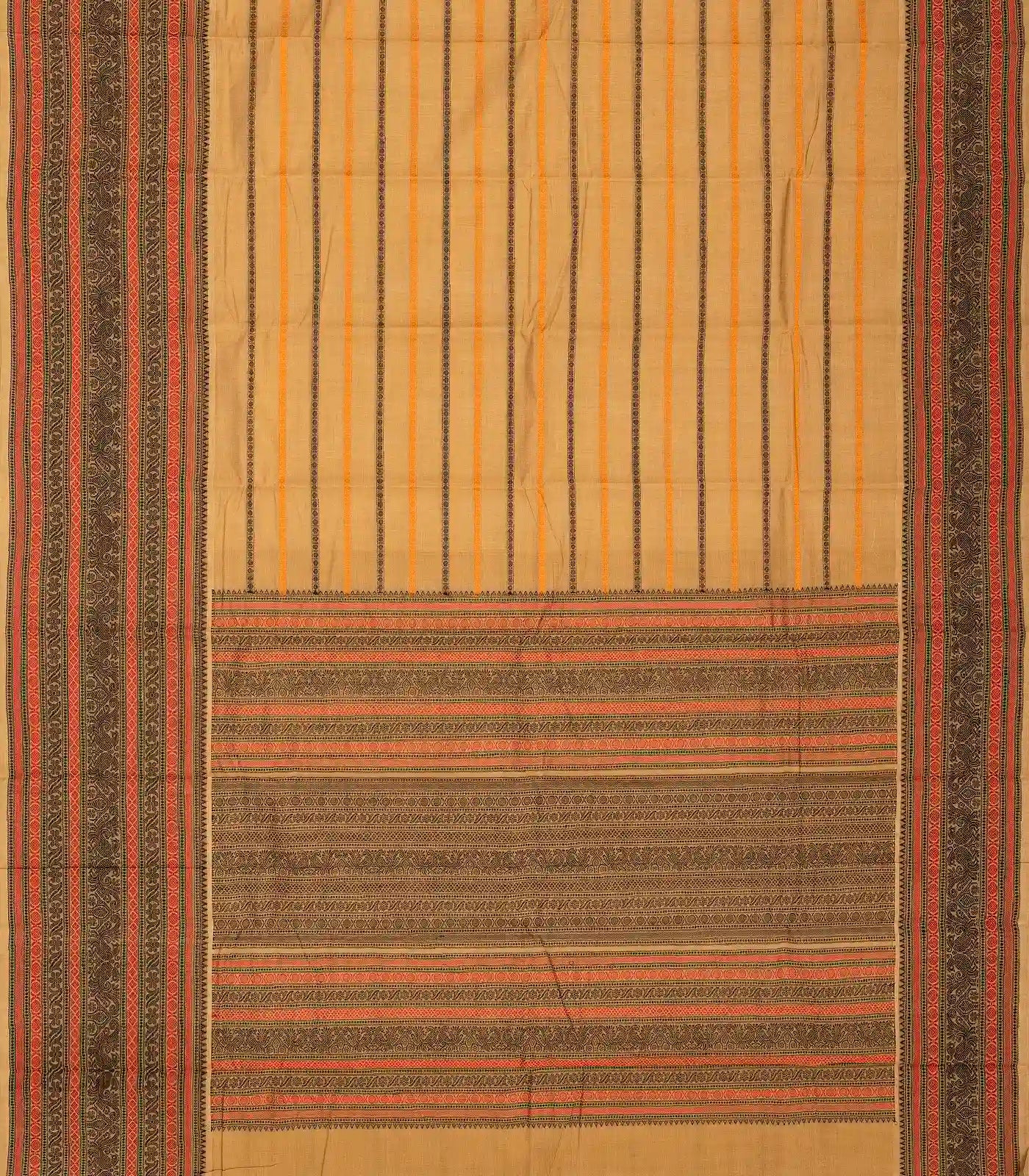 RmKV Beige Handloom Kanchi Cotton Saree With Rudraksham Stripes - view 2