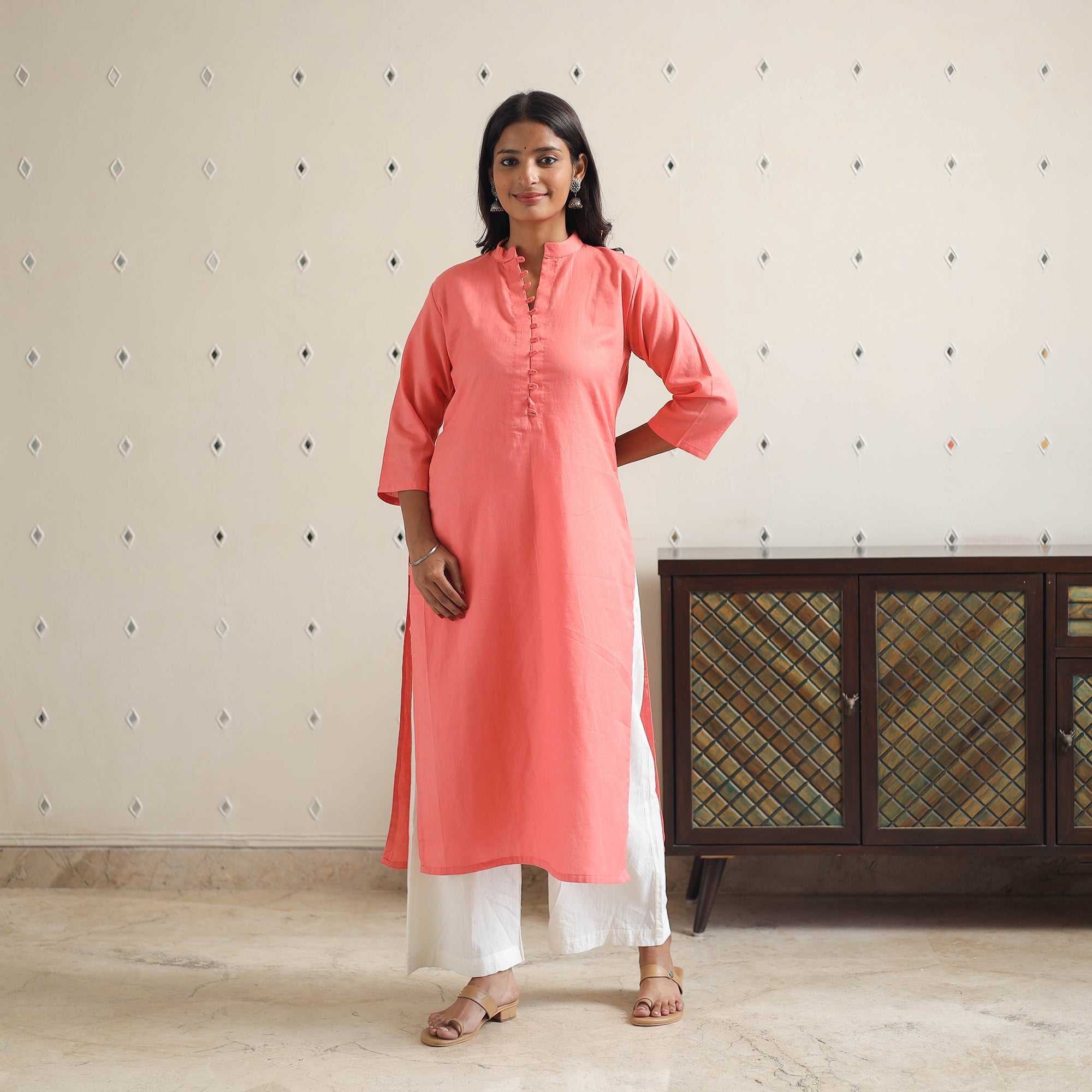 ITOKRI CASUALS Aarohi Peach Flex Cotton Straight Plain Kurta - view 4