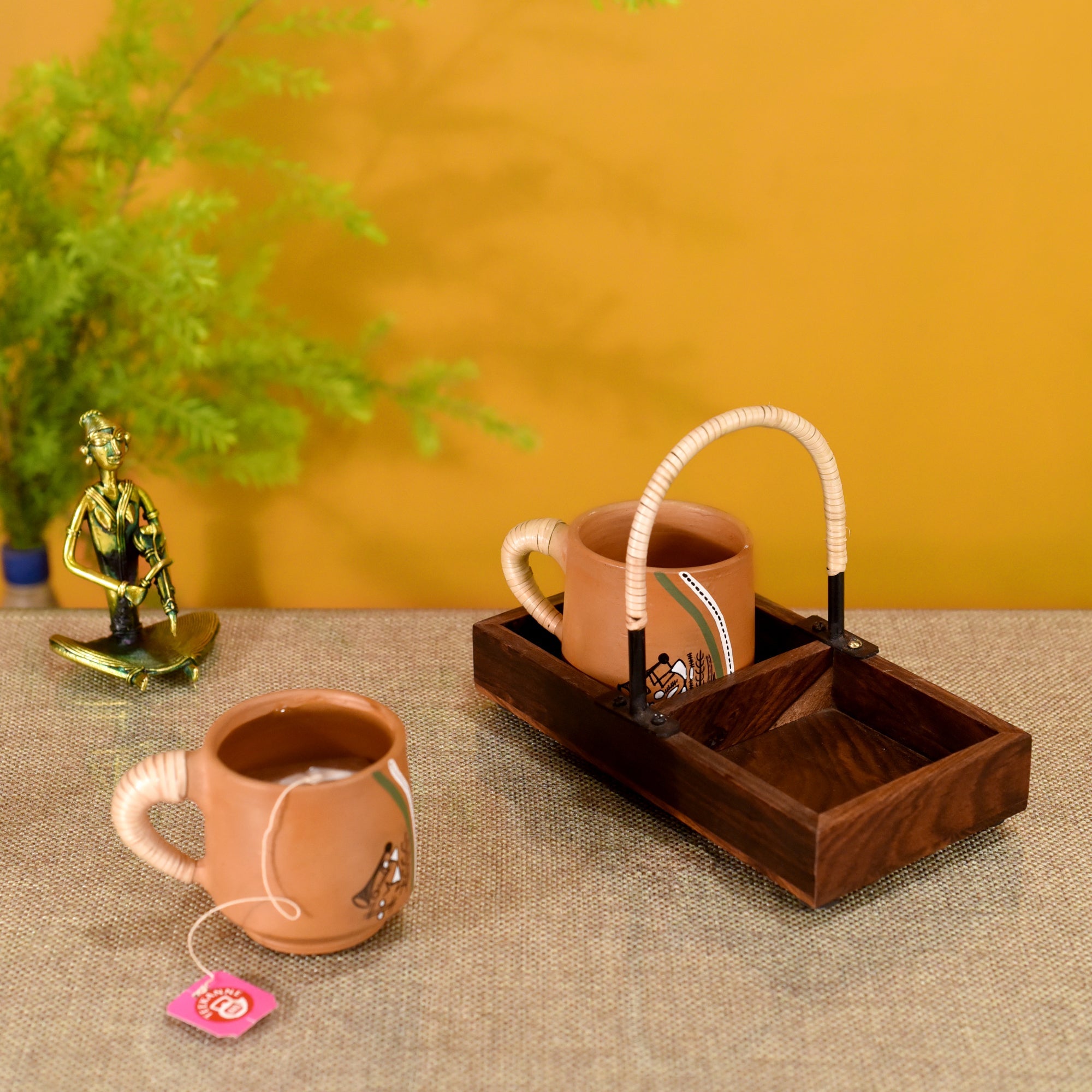 ART CREATIONS BY SUMAN SONTHALIA Brown - Happy Morning Earthen Cups with Cane Embellished Tray - view 2