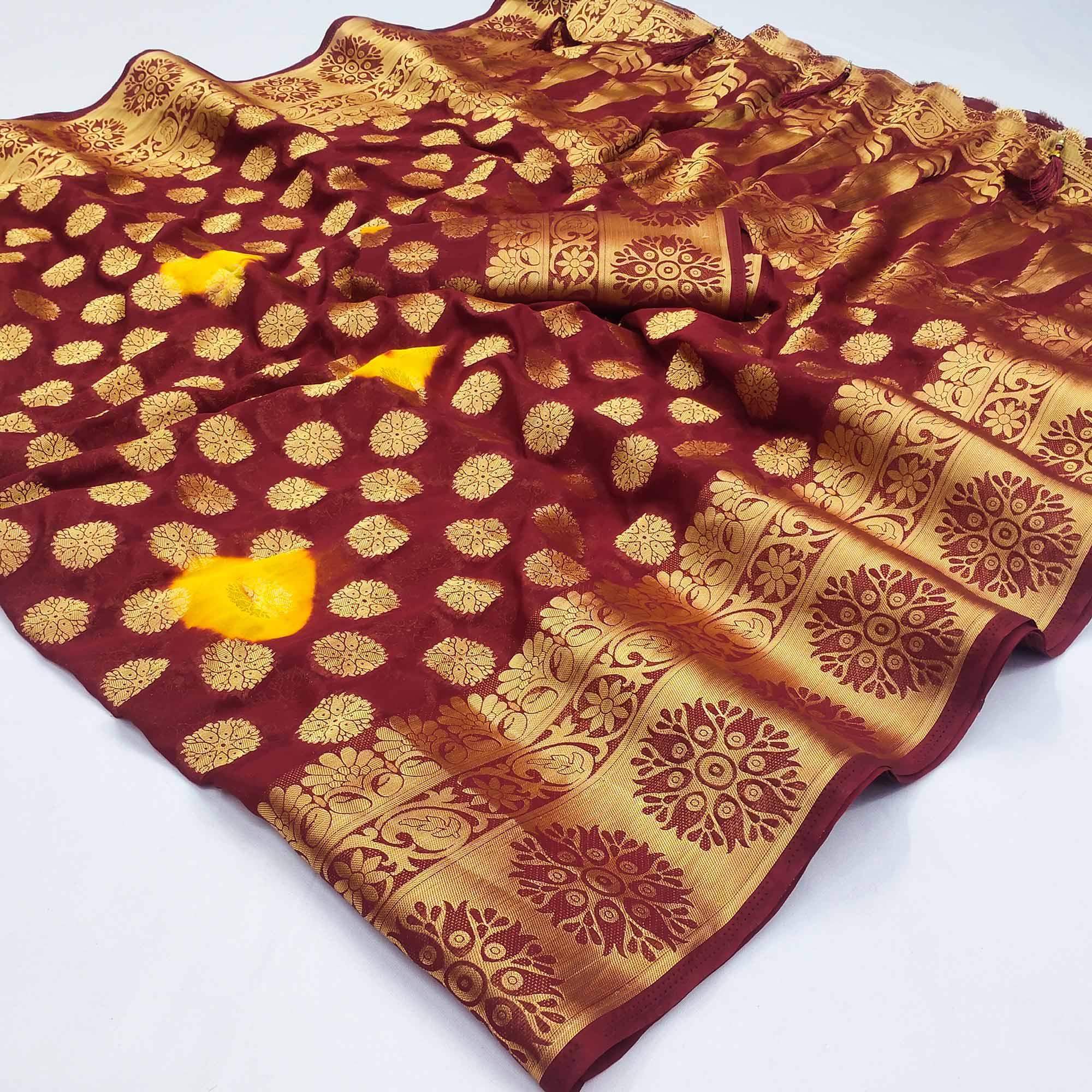 Peachmode Maroon Woven Jacquard Saree With Tassels