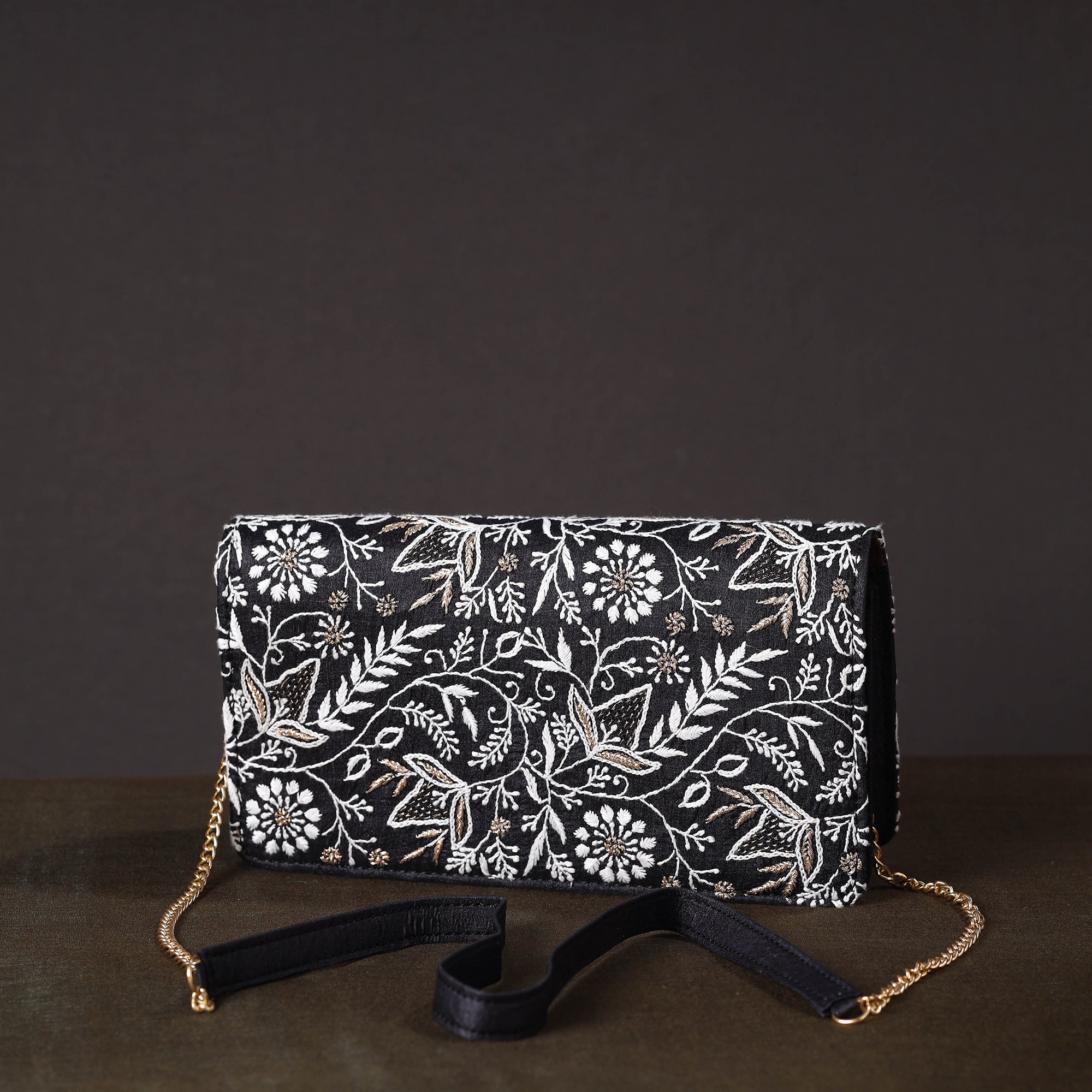 LAVANGG Black - Chikankari Hand Embroidery Tussar Silk Clutch / Sling Bag 09 - view 3
