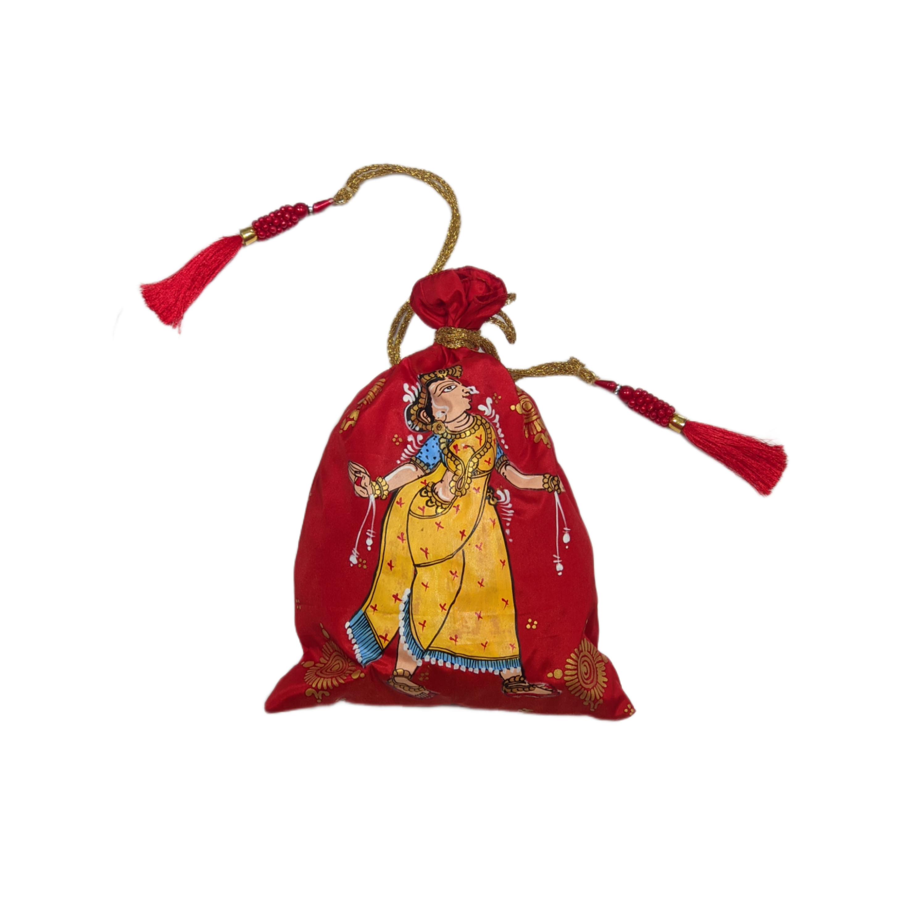 IndianVillèz Red Yellow Pattachitra Potli Bag