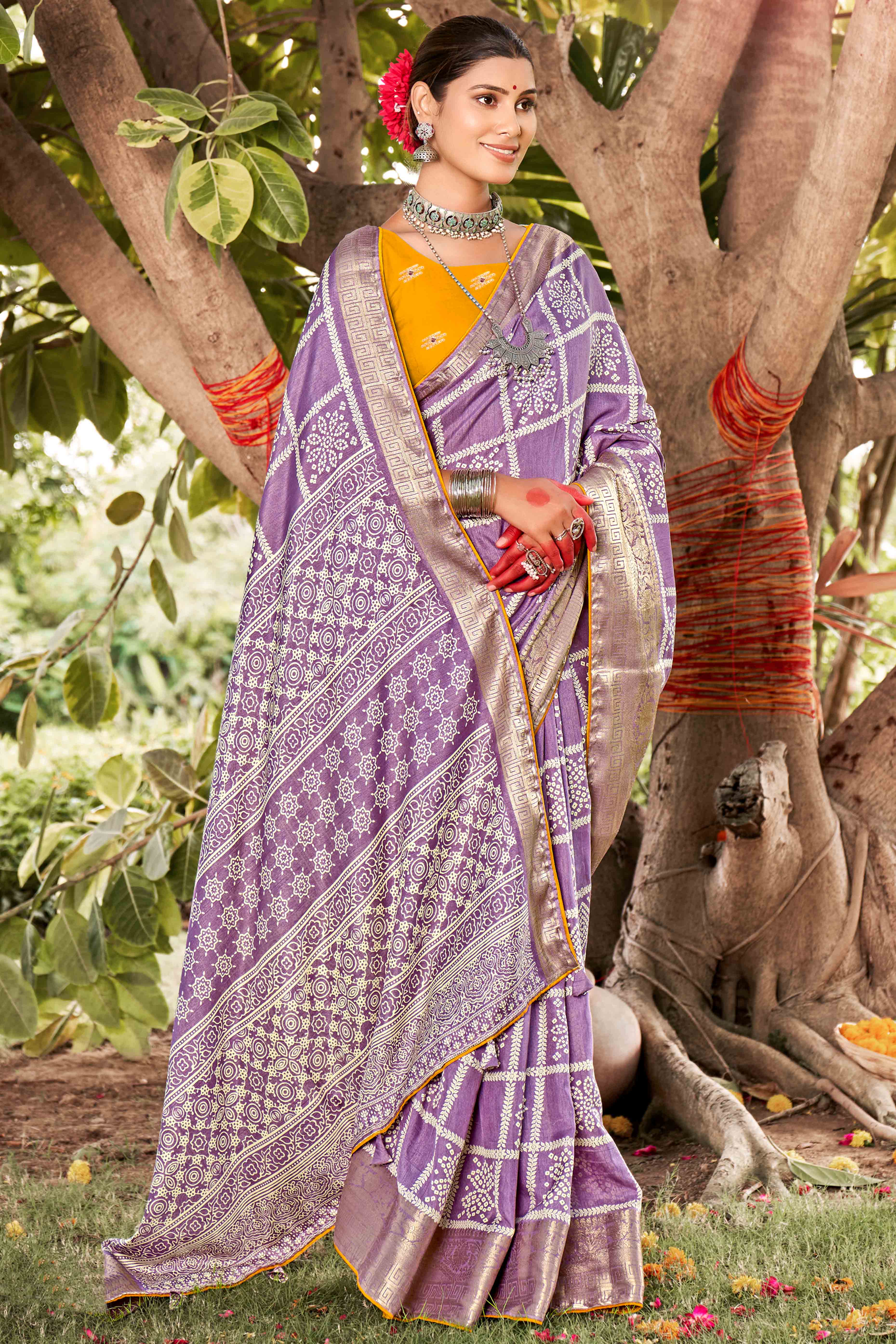 Peachmode Lavender Bandhani Printed Dola Silk Saree With Jacquard Border