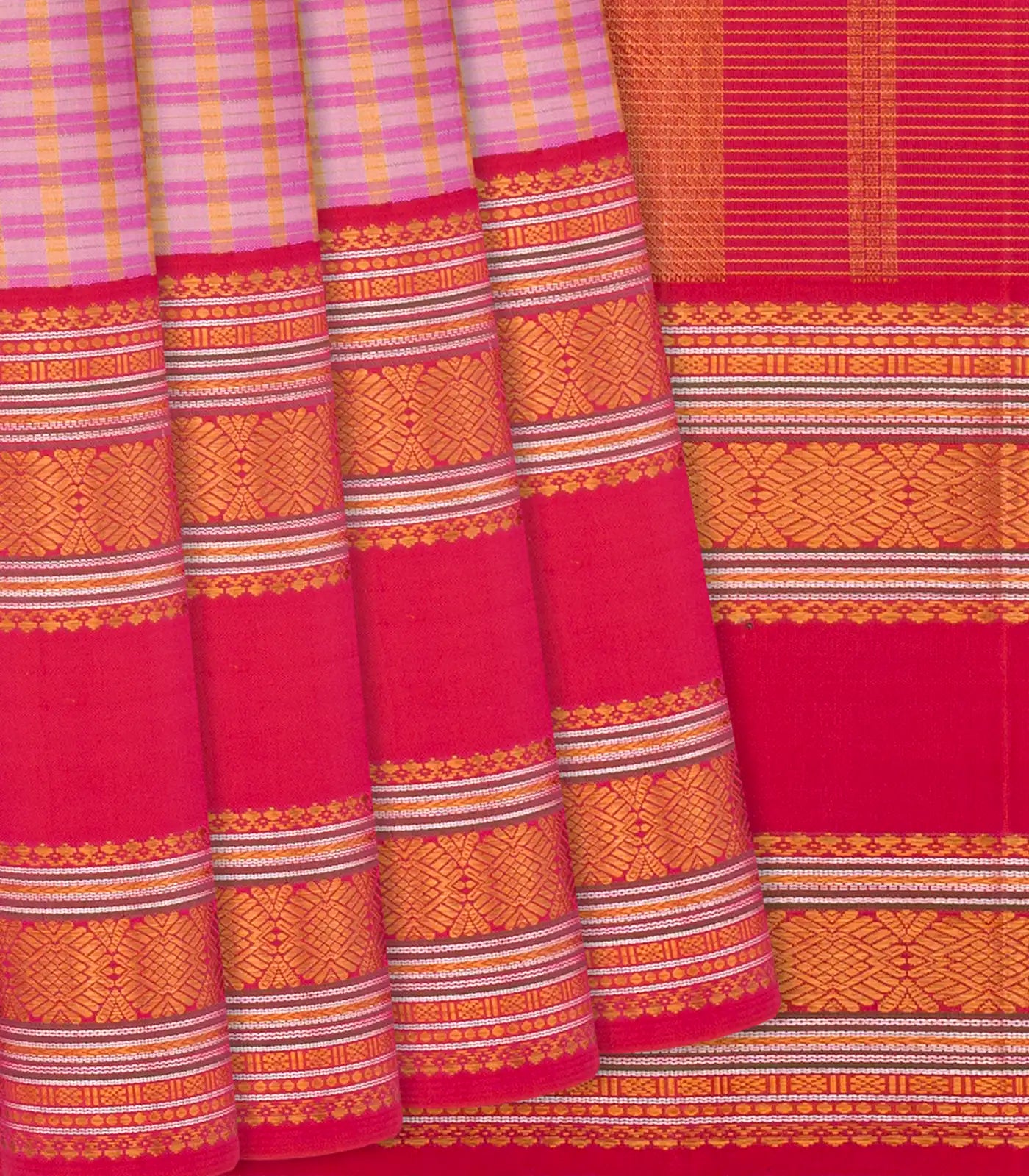 RmKV Dusty Pink Handloom Kanchipuram Korvai Silk Saree With Checks-Dusty Pink