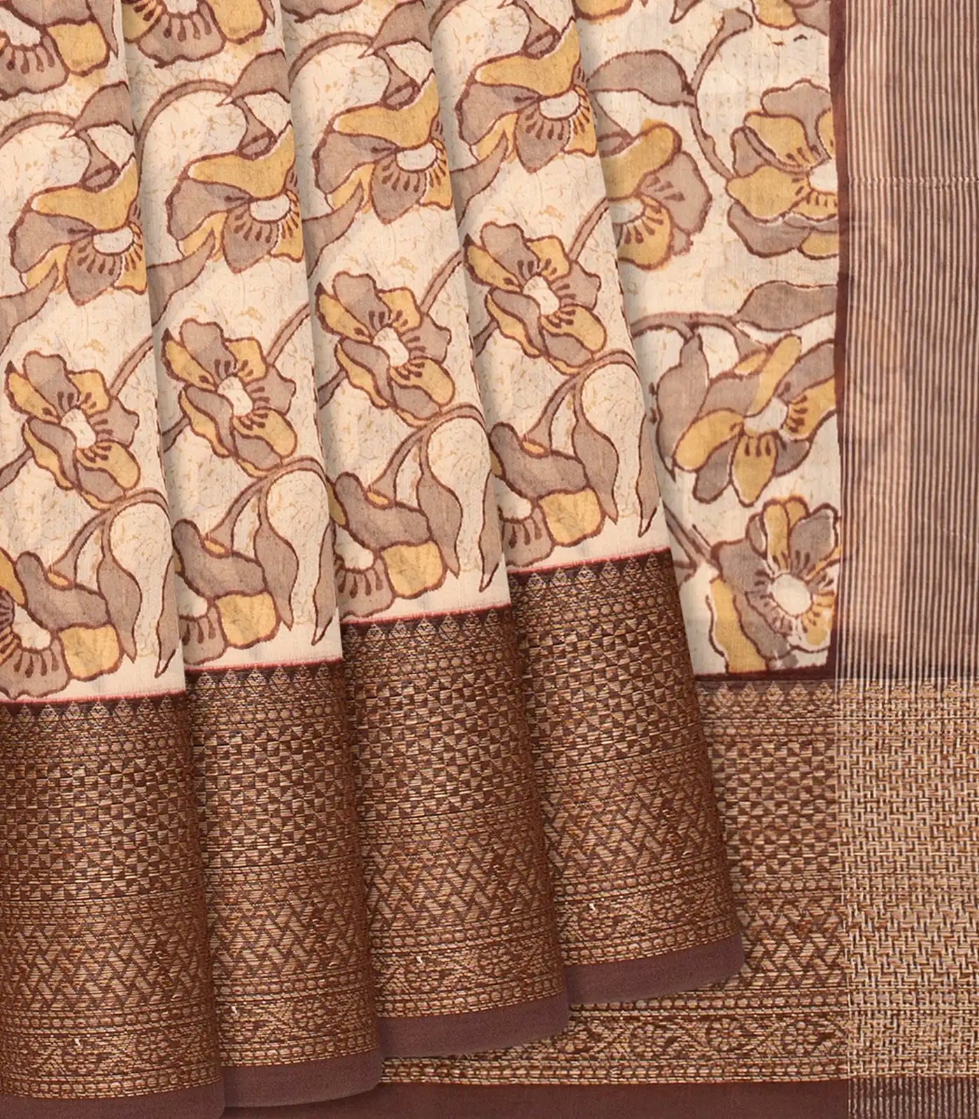 RmKV Cream Chanderi Cotton Saree Printed With Floral Motifs & Brown Border-Cream