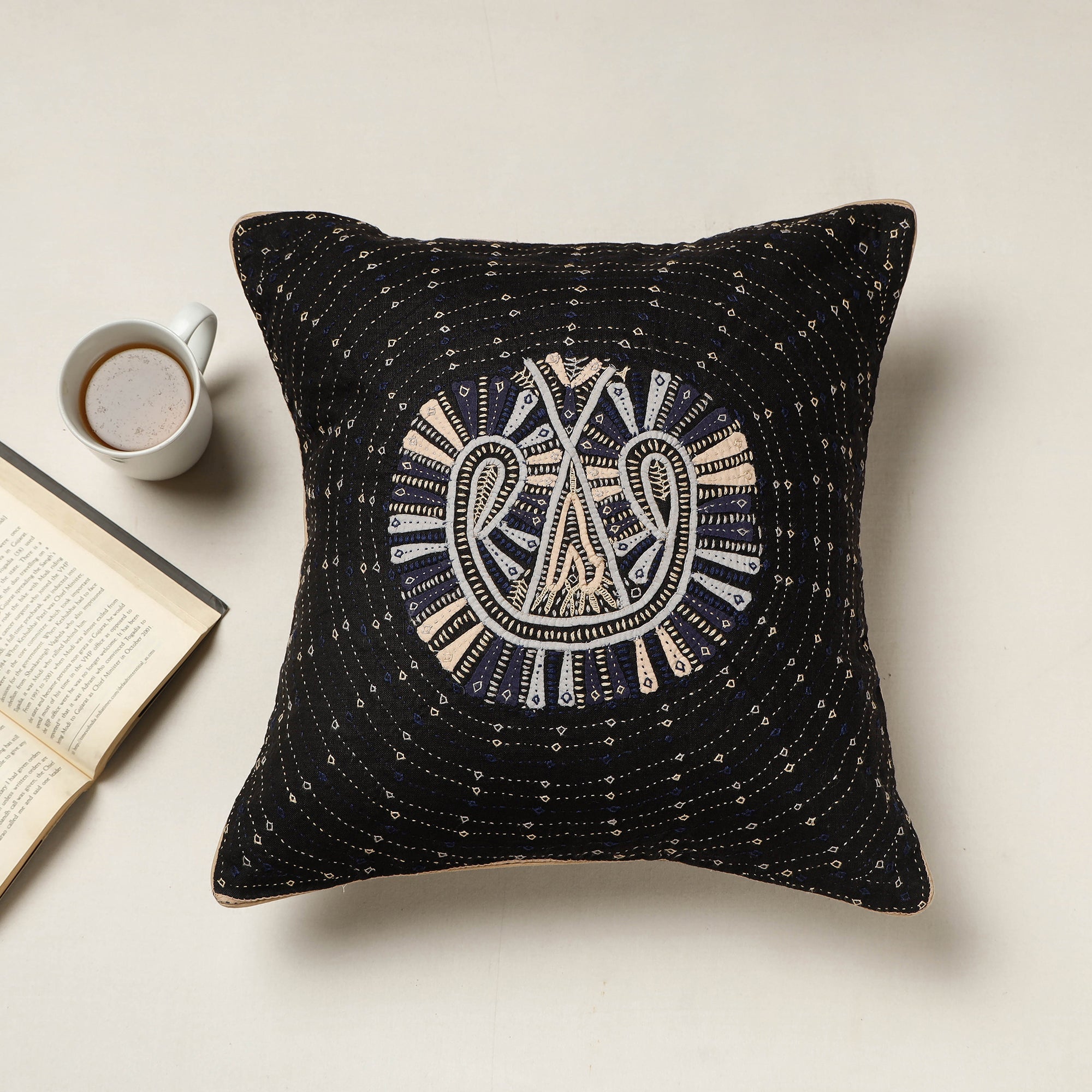 QASAB Black - Kutch Dhebariya Qatab Hand Embroidered Cotton Cushion Cover (16 x 16 in)