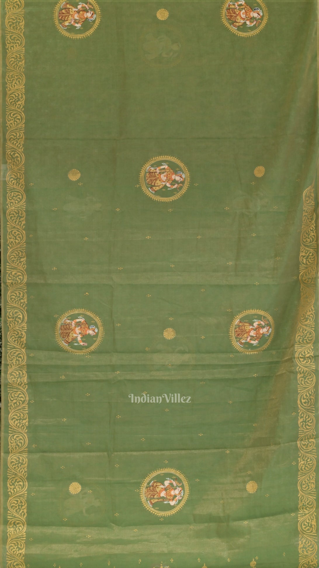IndianVillèz Green Nartaki Theme Hand- Painted Pattachitra Saree - view 4