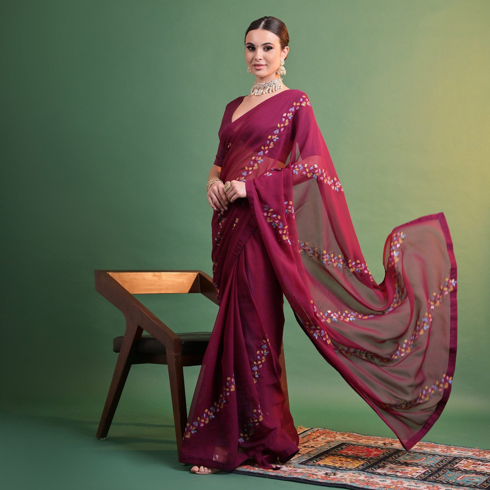 Peachmode Maroon Floral Sequins Embroidered Georgette Saree - view 4