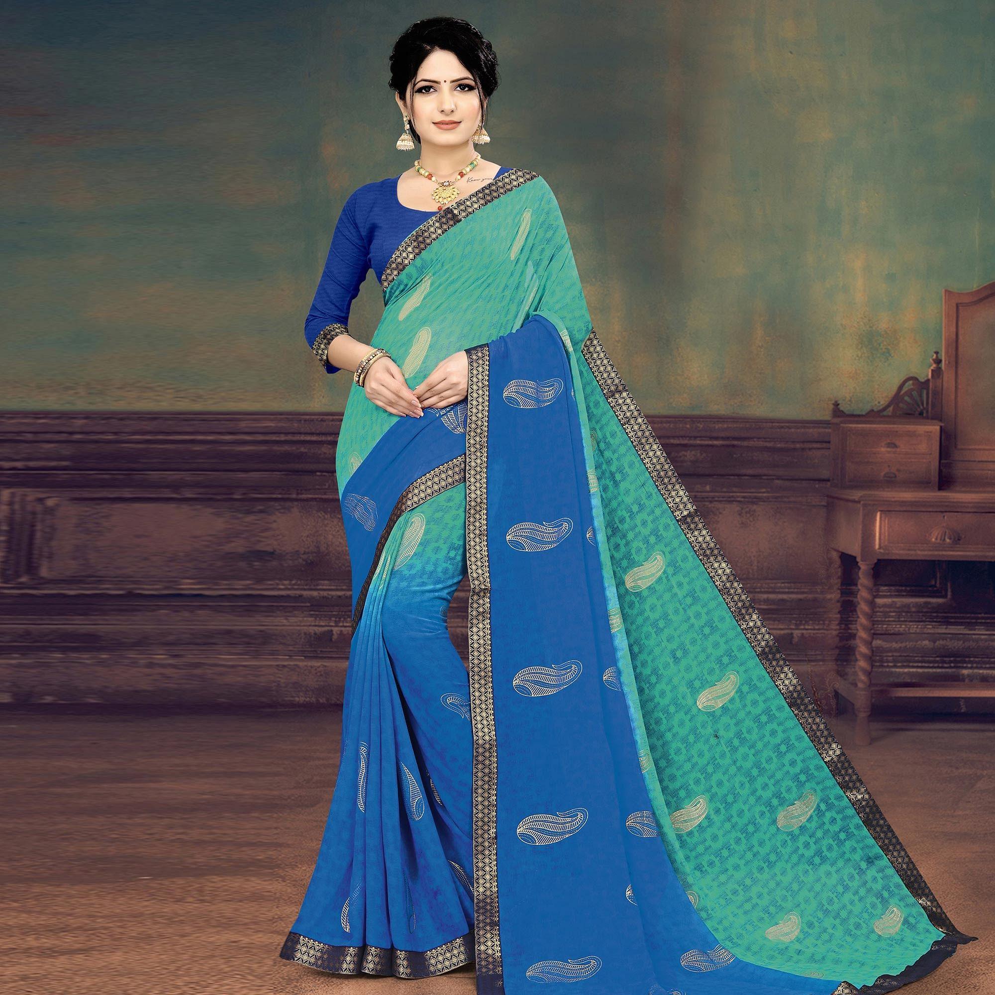 Green sarees – BlackTree green-and-blue-casual-wear-printed-half-half-georgette-designer-saree-141390