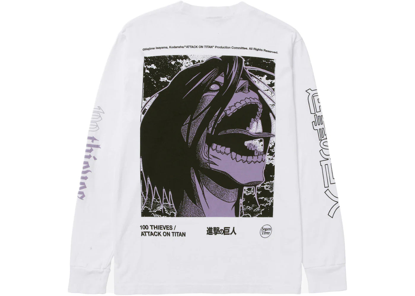 100 Thieves x Attack on Titan Attack Titan Long Sleeve T-shirt White - view 2