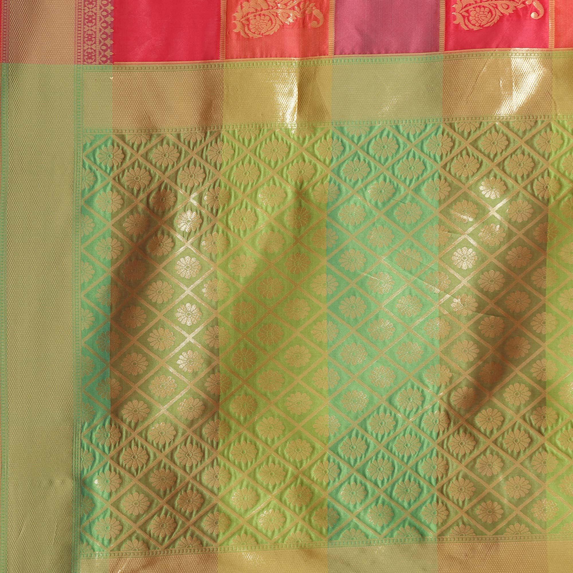 Peachmode Fantastic Green-Pink Colored Festive Wear Woven Silk Blend Saree - view 3