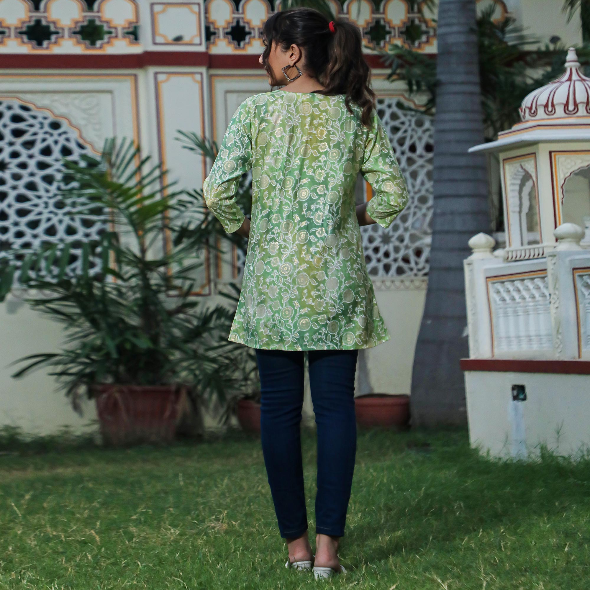 BlackTree green-floral-foil-printed-modal-top - view 6