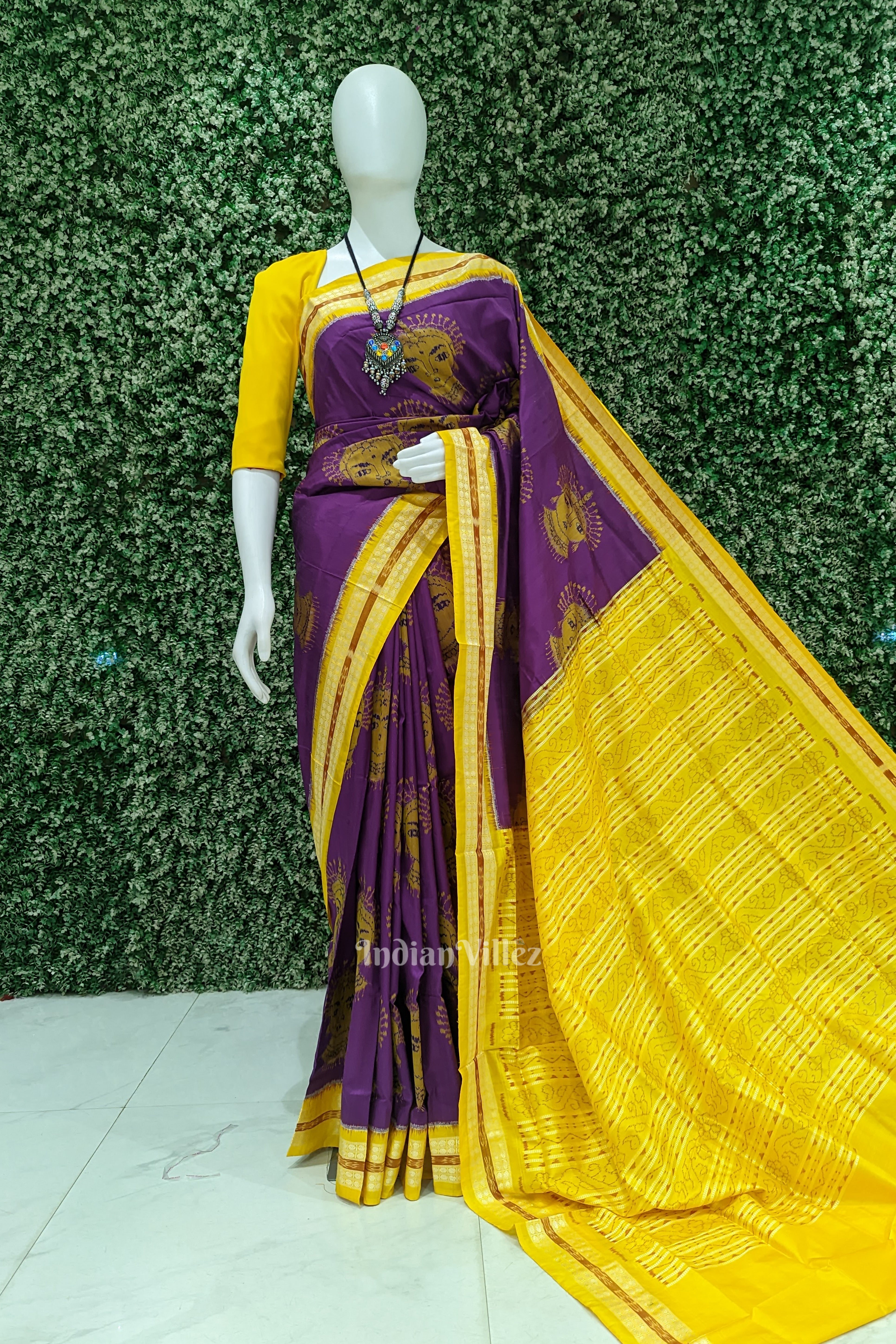 IndianVillèz Purple Yellow Nartaki Face Head Sambalpuri Ikat Silk Saree