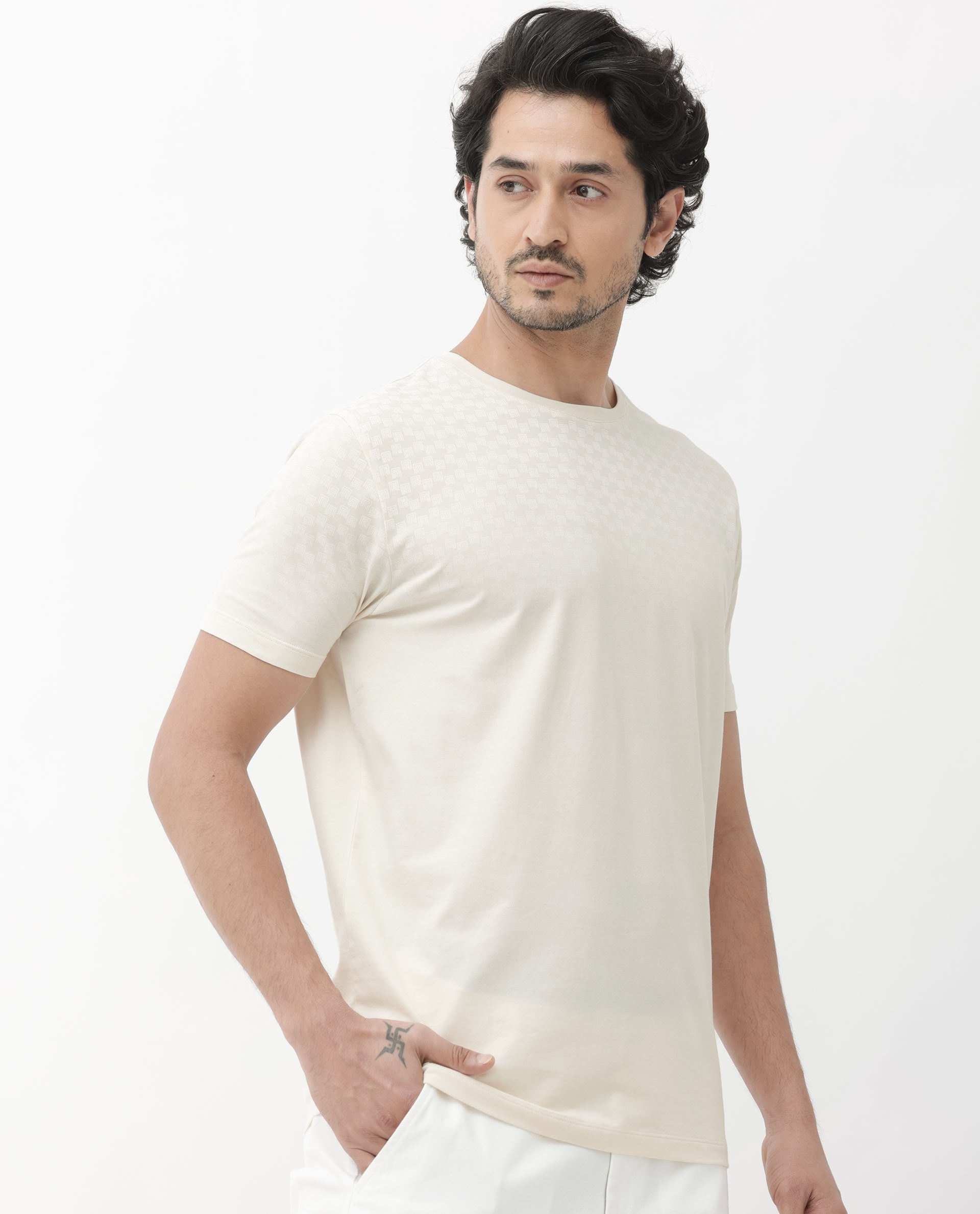 Rare Rabbit Articale Mens Tully Beige Cotton Polyester Fabric Short Sleeve Crew Neck Regular Fit Monogram Printed T-Shirt - view 11