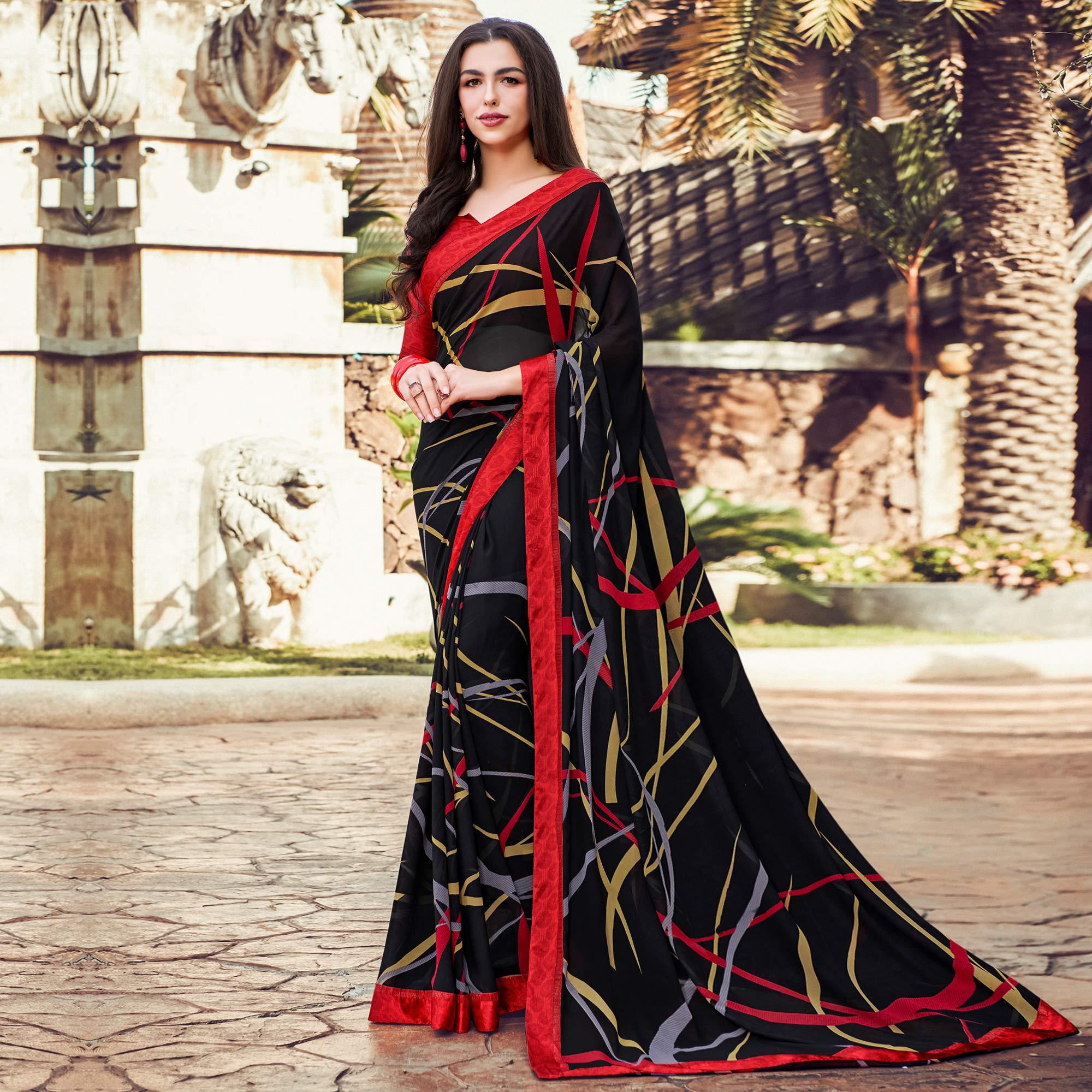 Peachmode Ideal Black Colored Partywear Designer Printed Georgette Saree