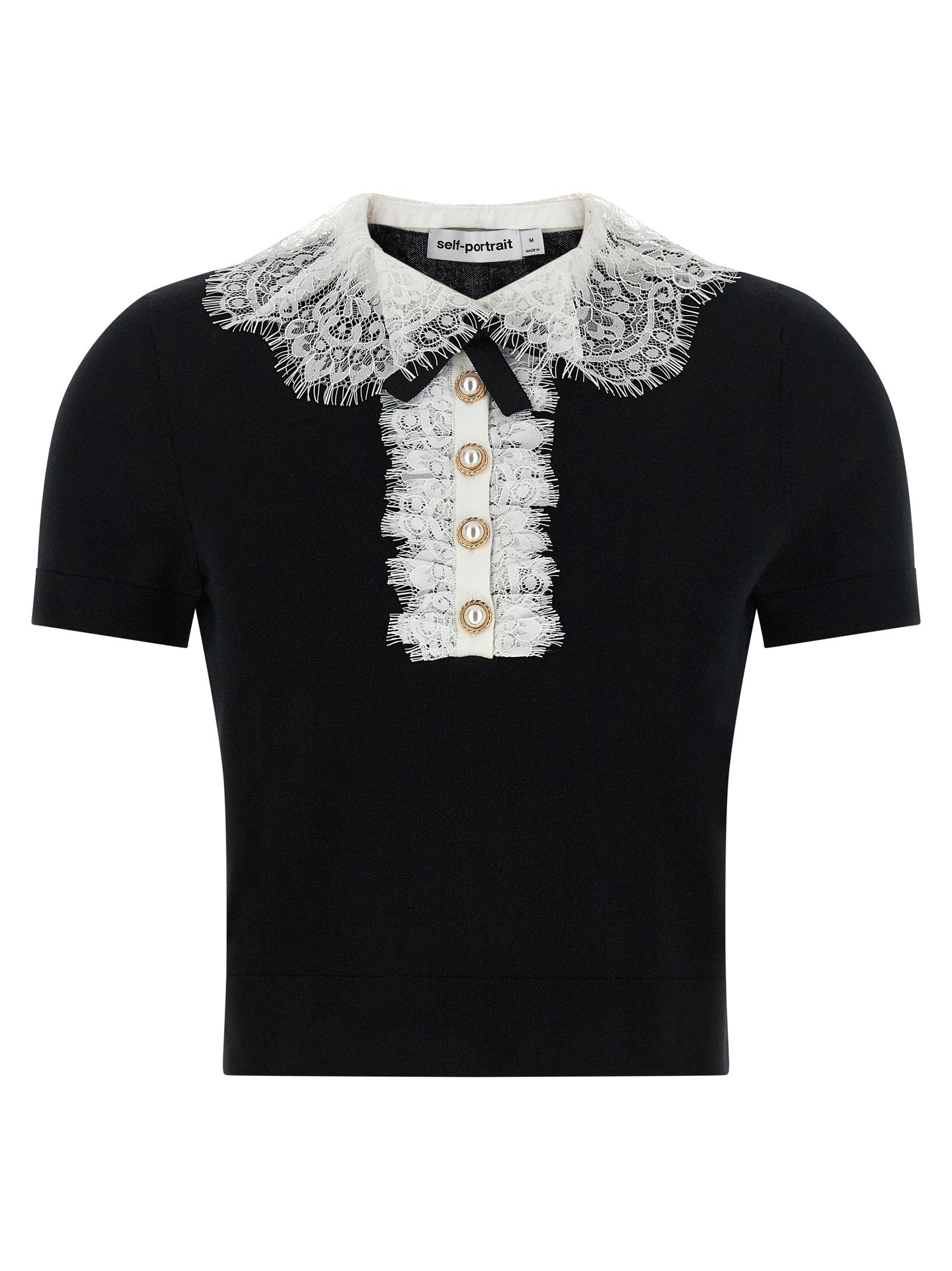 Self-Portrait Black Knit Lace Collar Top – 100% wool