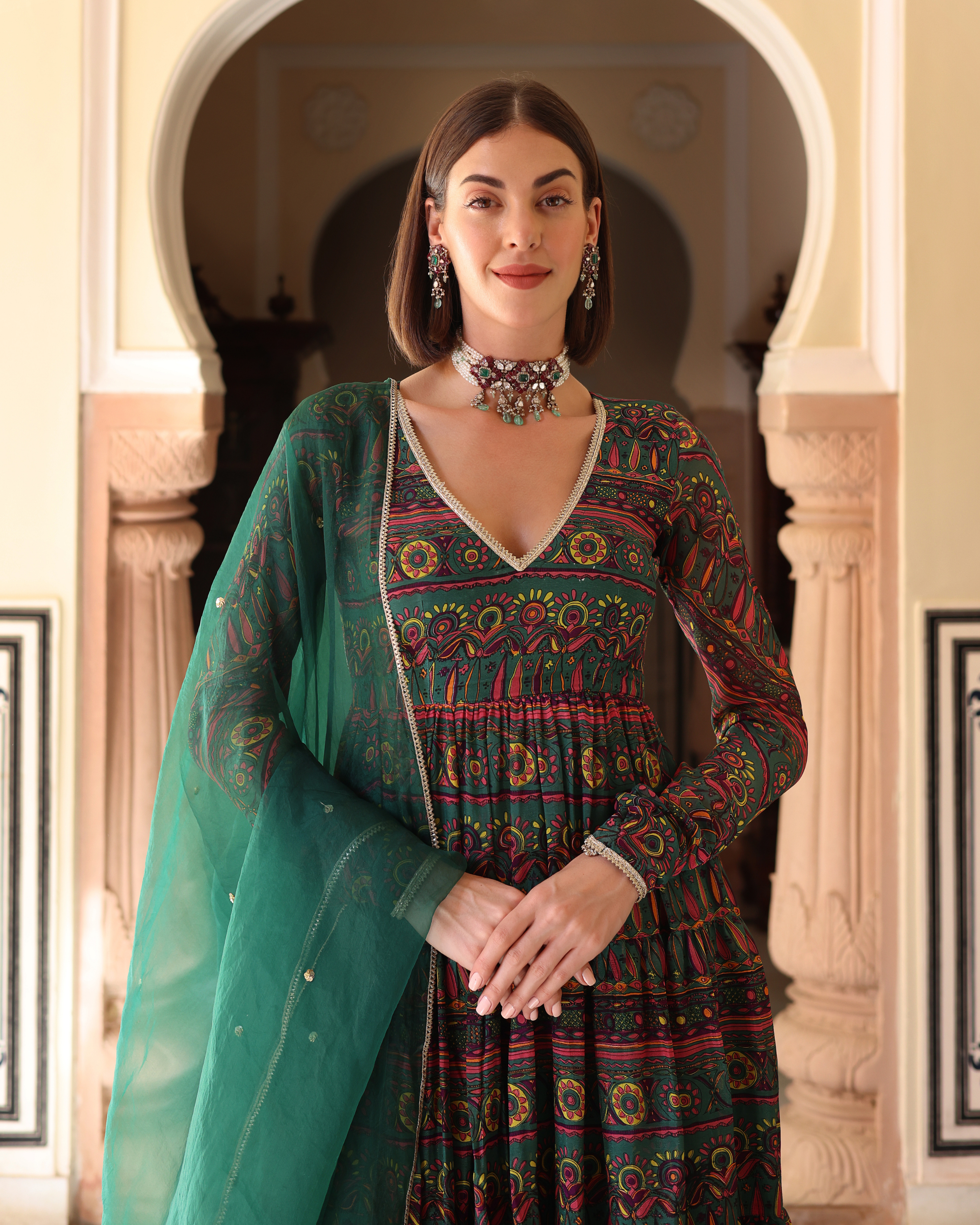 Aachho Dune Green Printed Chinon Suit Set - view 7