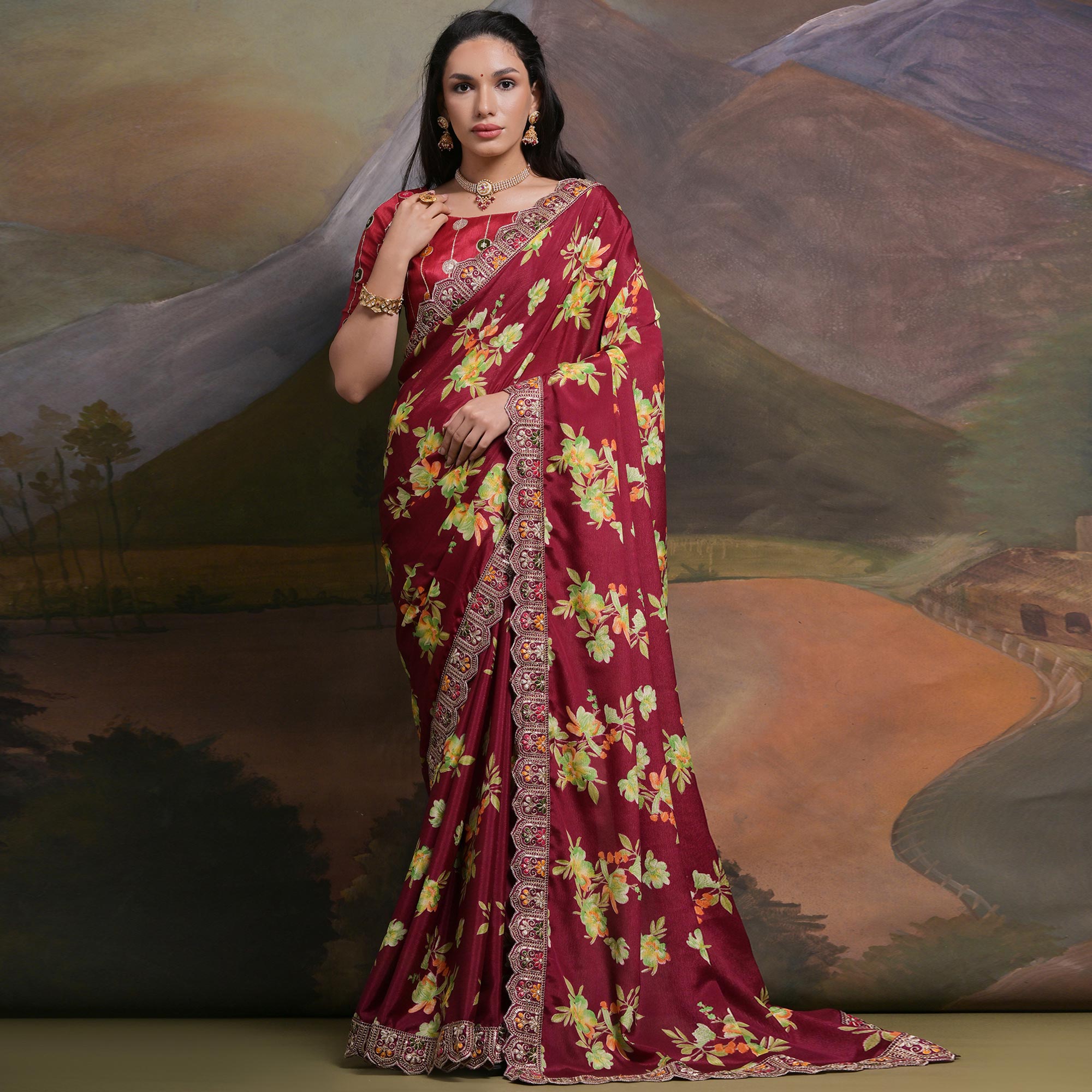 Peachmode Maroon Floral Printed Chinon Saree With Embroidered Border - view 2