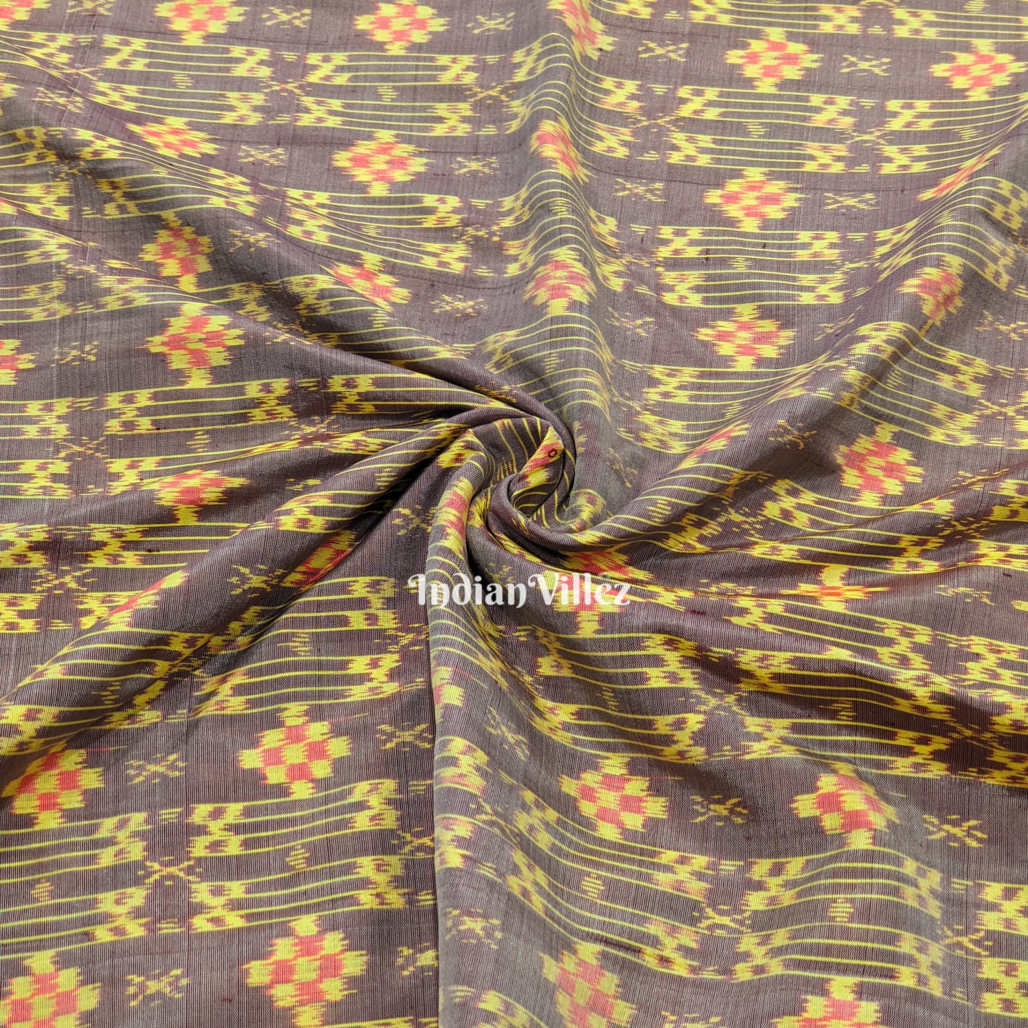 IndianVillèz Grey Yellow Small Pasapali Sambalpuri Ikat Silk Fabric
