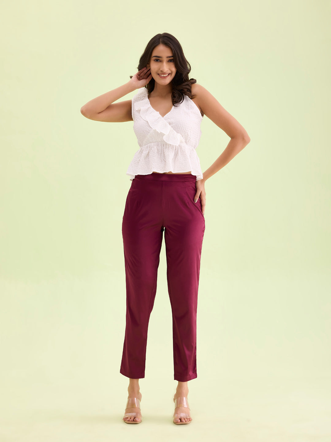 Go Colors Women Solid Mid Rise Dark Wine Shiny Pants - view 5