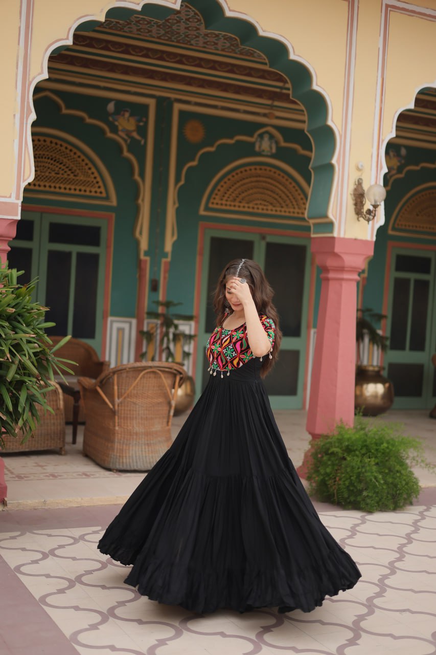 ClothsVilla Black Designer Rayon Gown with Kutchi Gamthi Kodi Work and 3-Layer Gathering Stitch - view 4