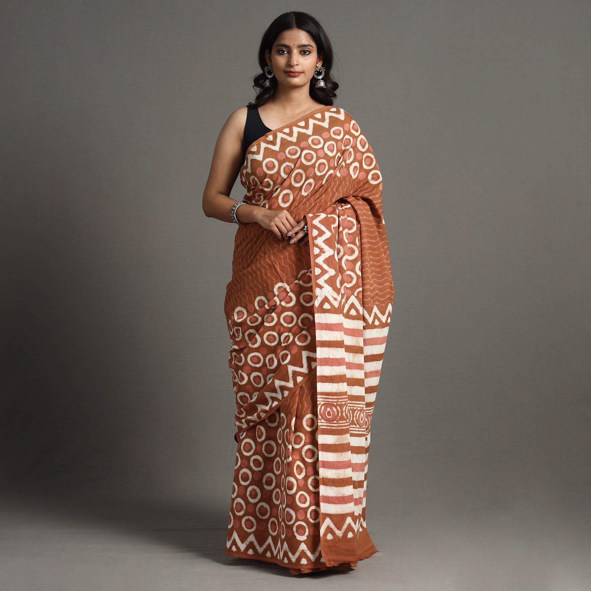 ARTISAN HAND BLOCK PRINTS Brown - Bagru Dabu Block Printed Mul Cotton Saree