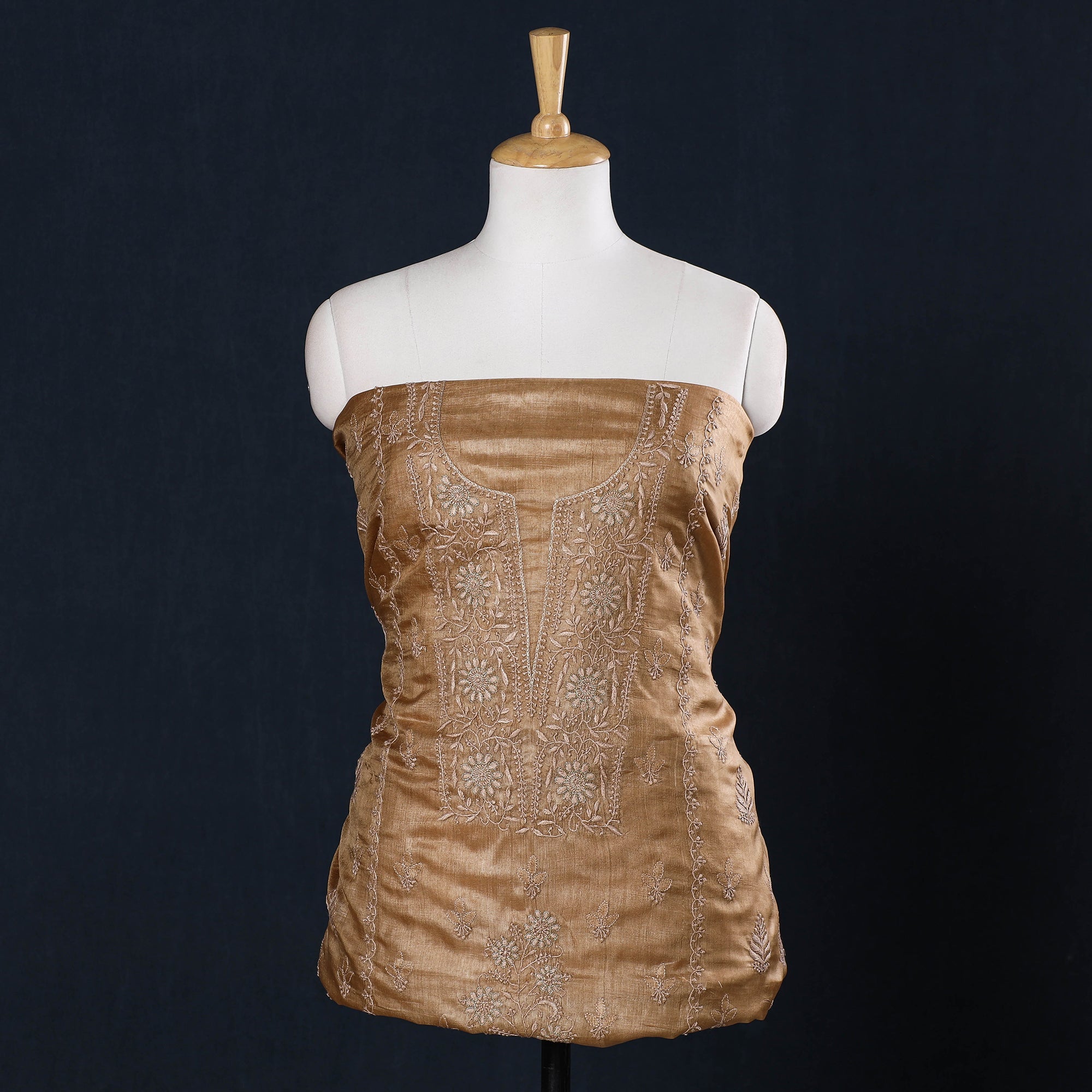 ITOKRI CRAFTS INITIATIVE Brown - Lucknow Chikankari Mukaish Hand Embroidery Tussar Silk Handloom Kurta Material - 2.8 Meter