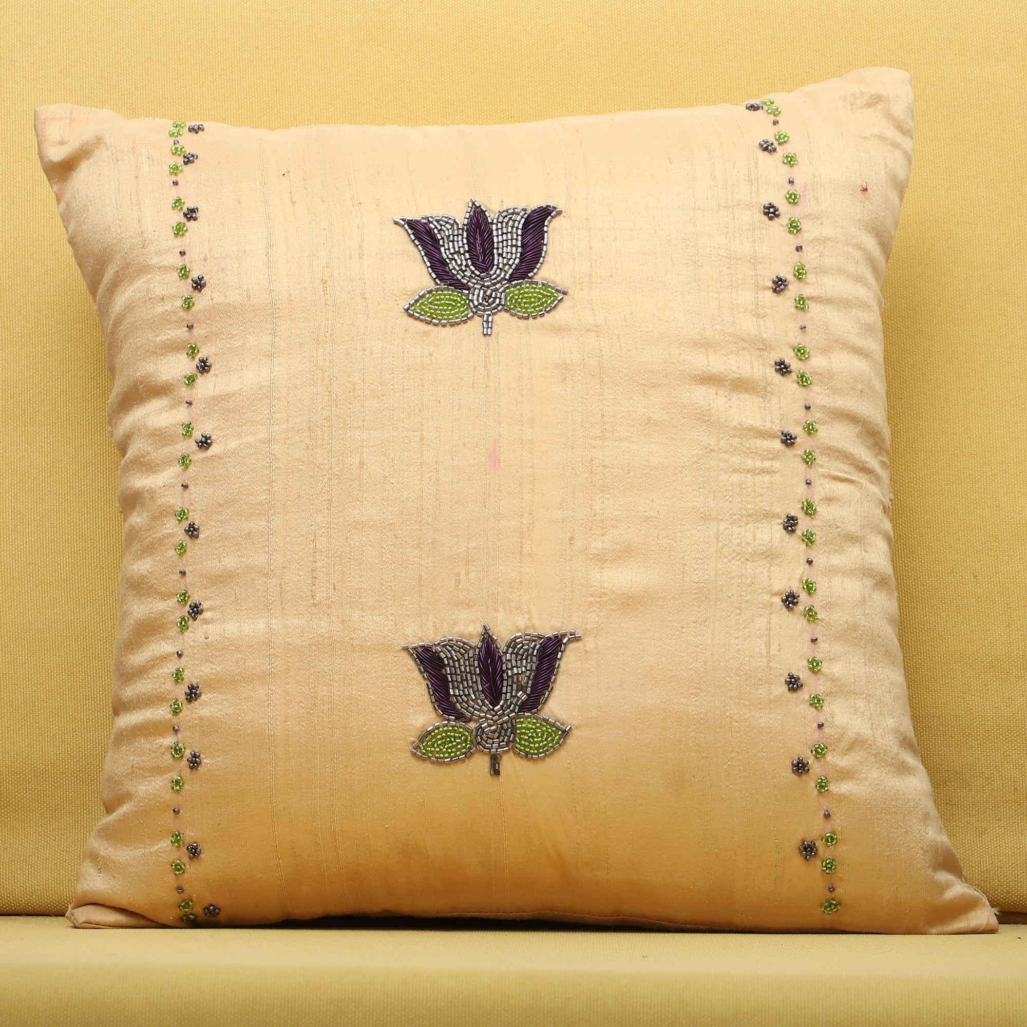 TICS Beige - Lotus Buta - Beadwork Raw Silk Cushion Cover - view 2