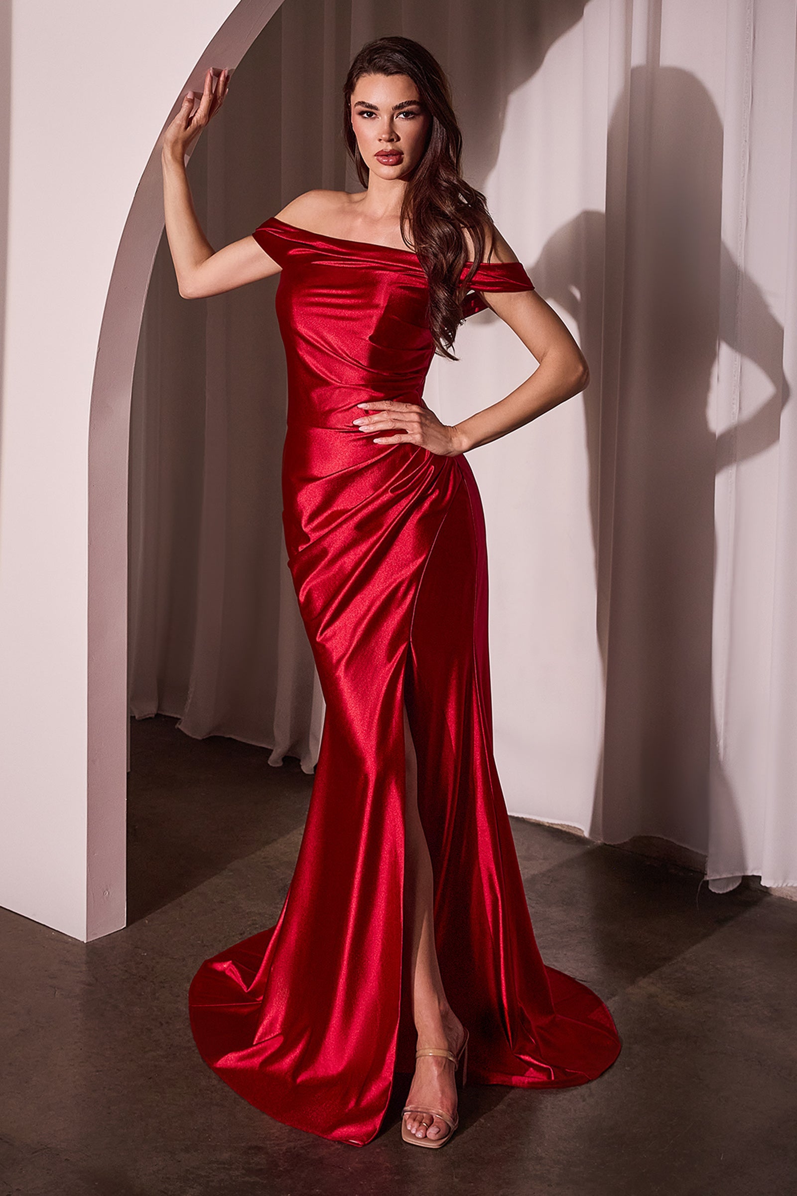 Cinderella Divine Satin Fitted Off Shoulder Slit Gown by Ladivine J877 - view 6